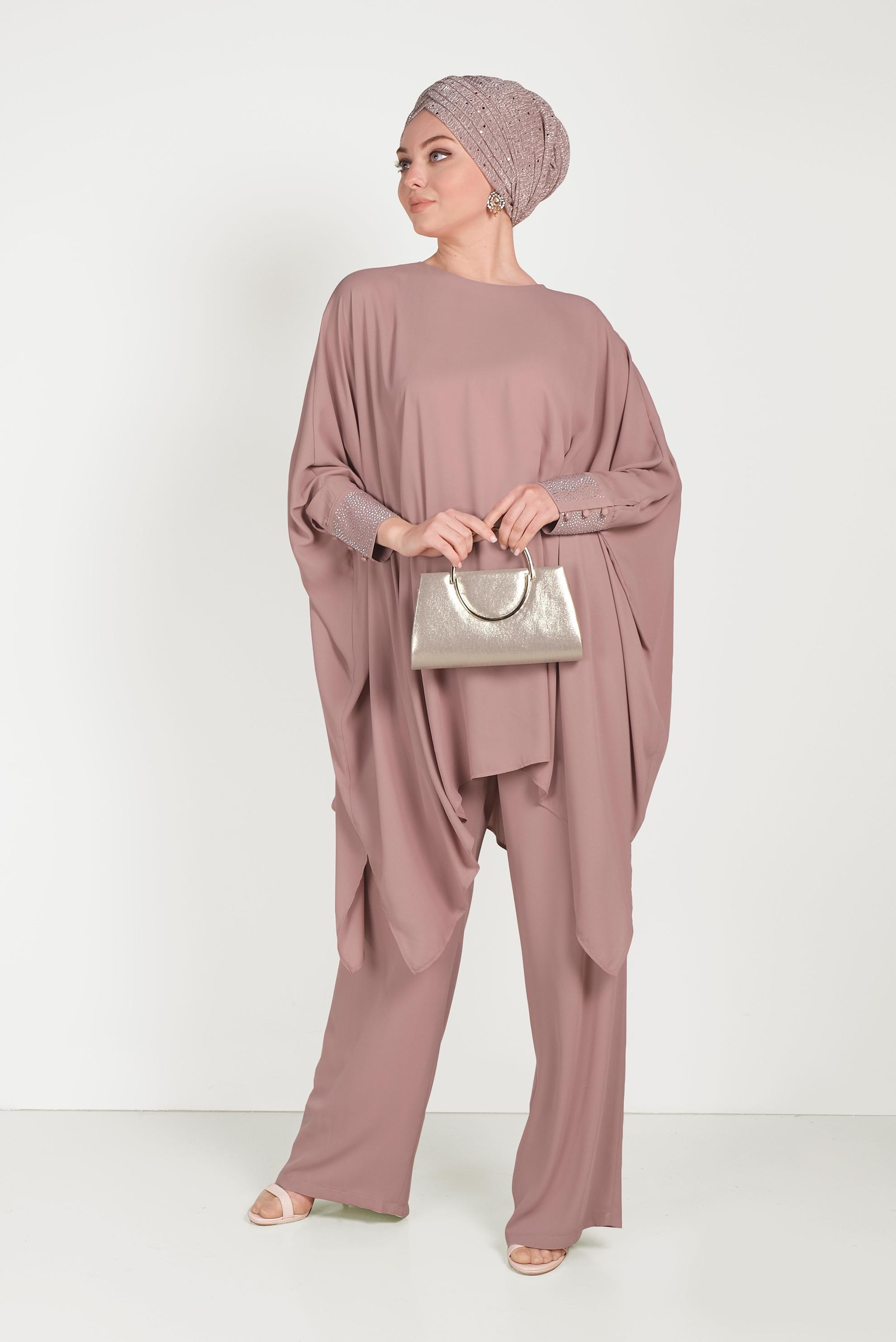 Tesettür giyim PUDRA MANŞETLERİ TAŞLI ASİMETRİK KESİM TAKIM 50003