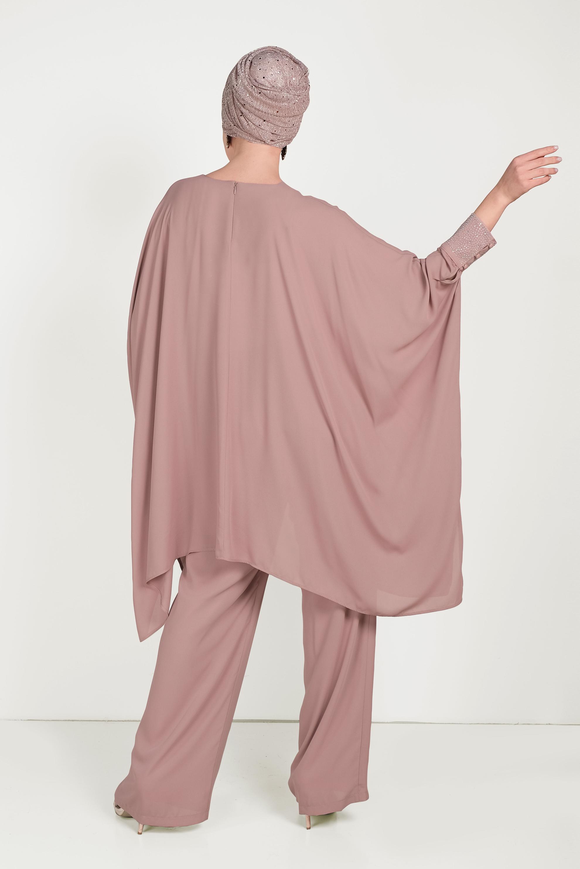 Tesettür giyim PUDRA MANŞETLERİ TAŞLI ASİMETRİK KESİM TAKIM 50003