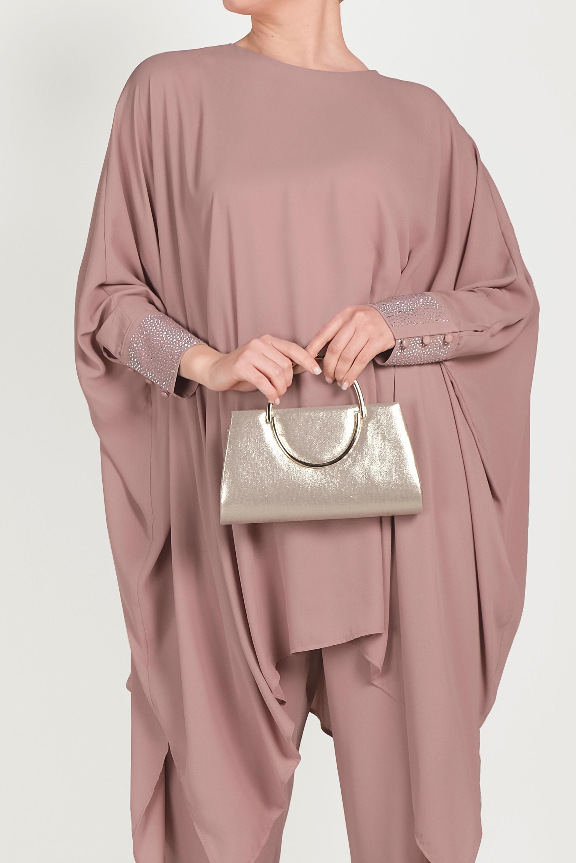 Tesettür giyim PUDRA MANŞETLERİ TAŞLI ASİMETRİK KESİM TAKIM 50003