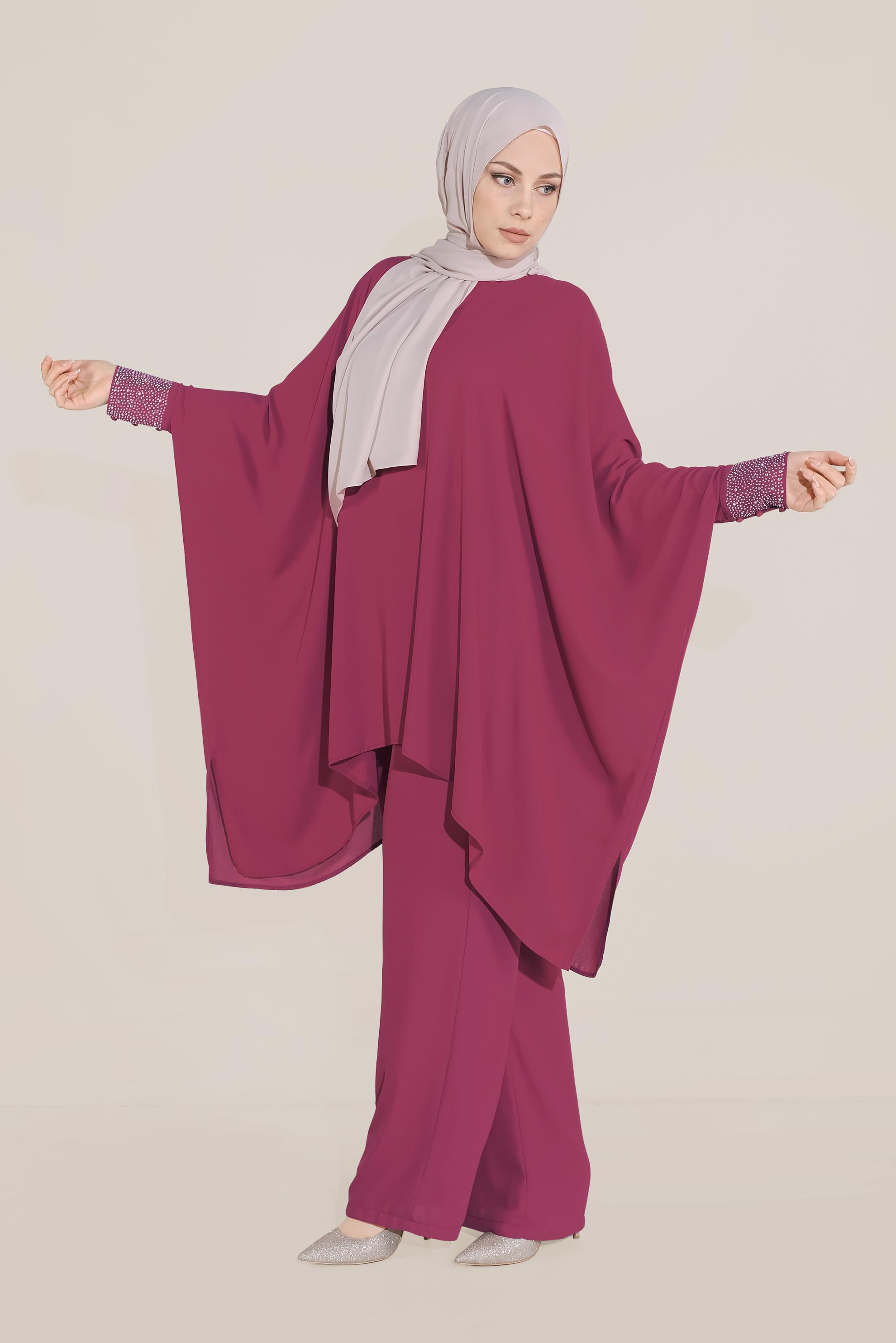 Tesettür giyim MOR MANŞETLERİ TAŞLI ASİMETRİK KESİM TAKIM 50003
