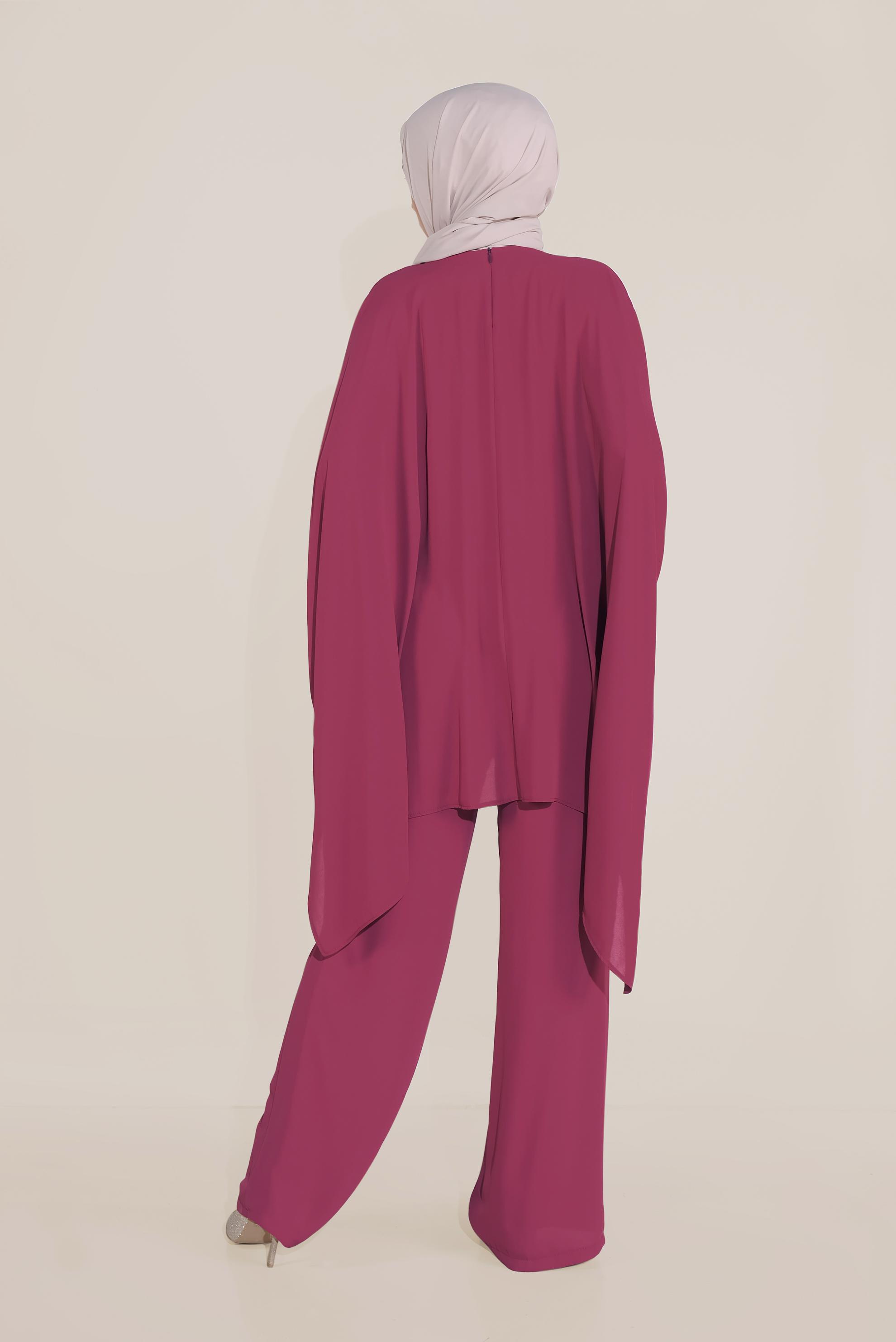 Tesettür giyim MOR MANŞETLERİ TAŞLI ASİMETRİK KESİM TAKIM 50003