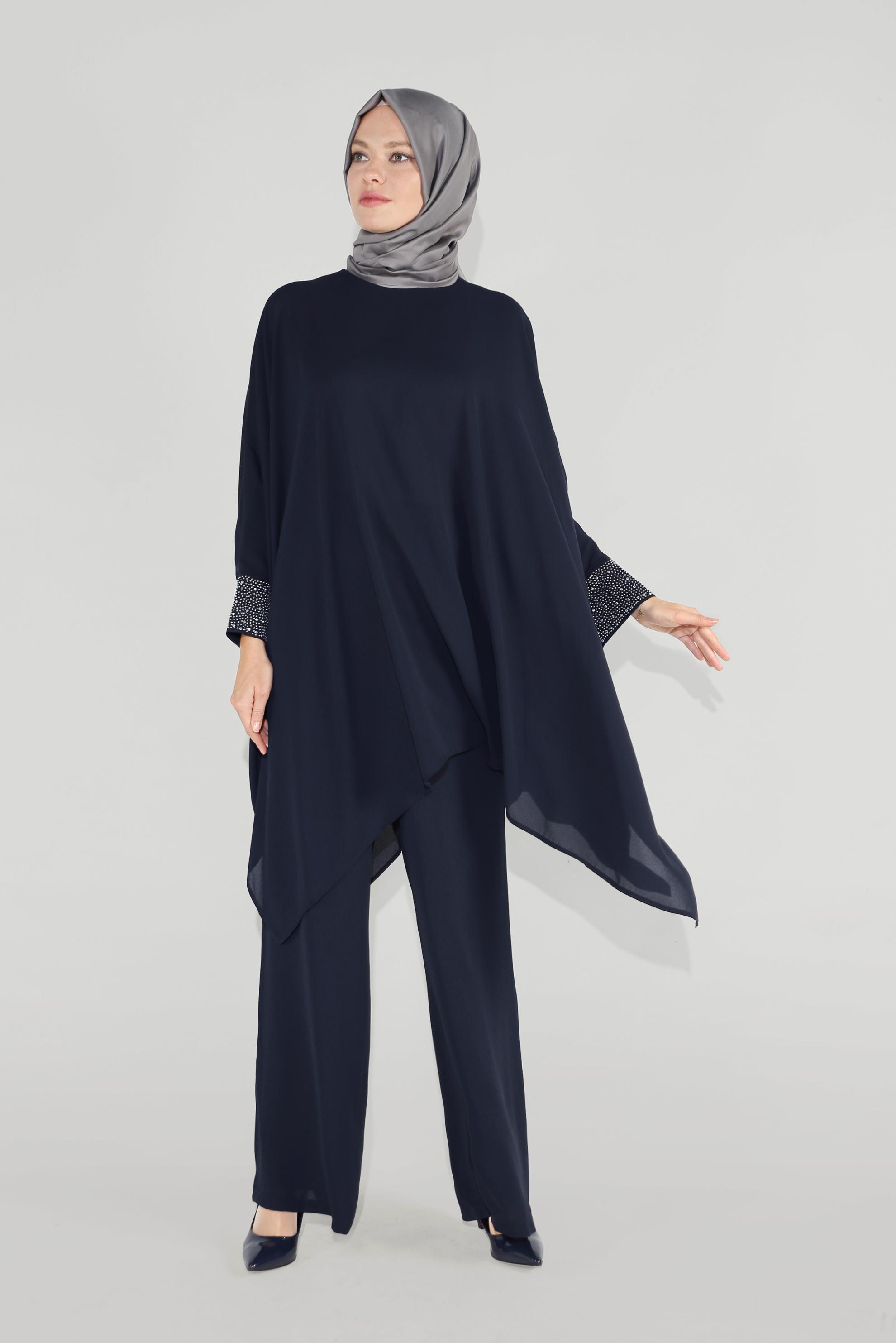 Tesettür giyim LACİVERT MANŞETLERİ TAŞLI ASİMETRİK KESİM TAKIM 50003