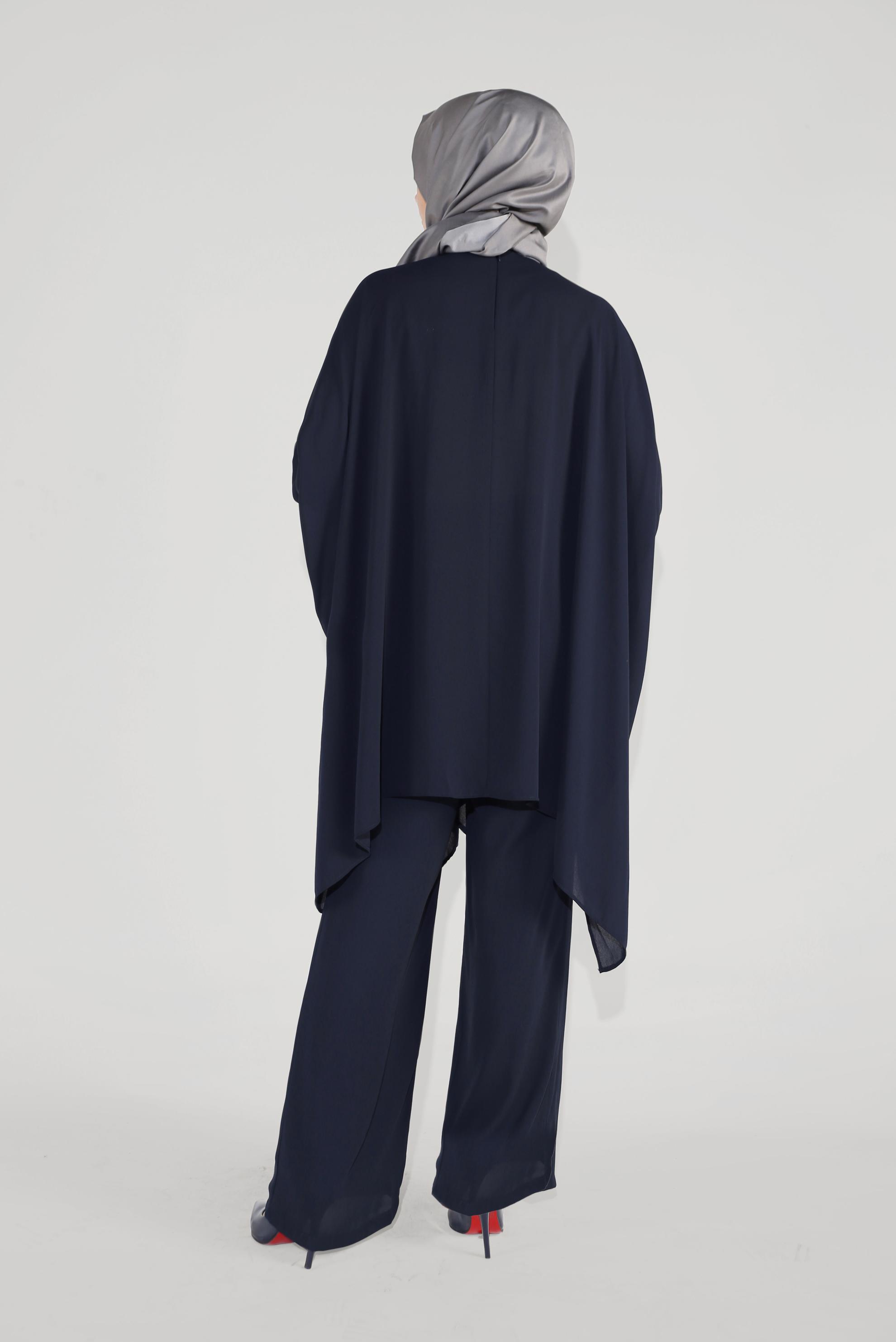 Tesettür giyim LACİVERT MANŞETLERİ TAŞLI ASİMETRİK KESİM TAKIM 50003