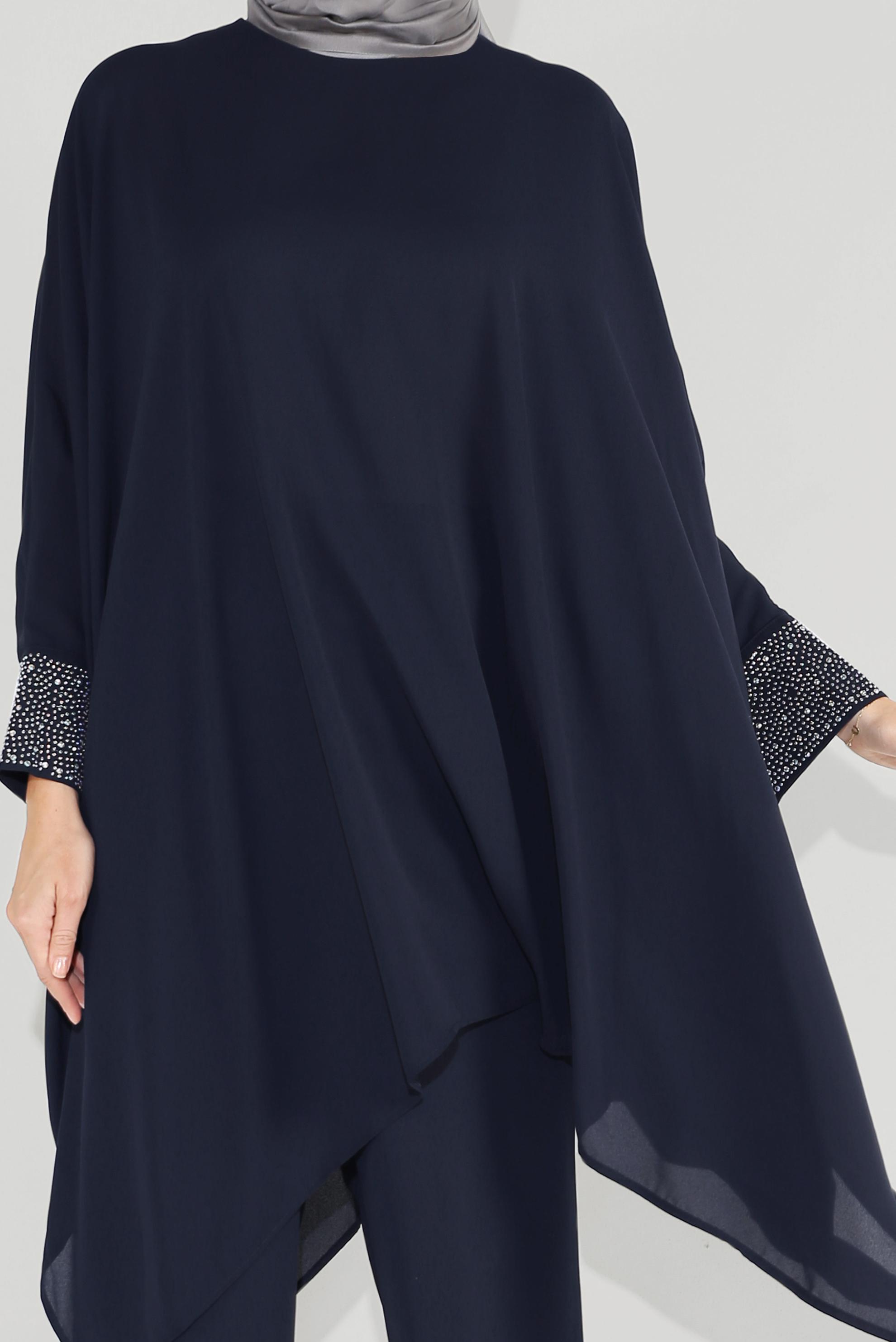 Tesettür giyim LACİVERT MANŞETLERİ TAŞLI ASİMETRİK KESİM TAKIM 50003