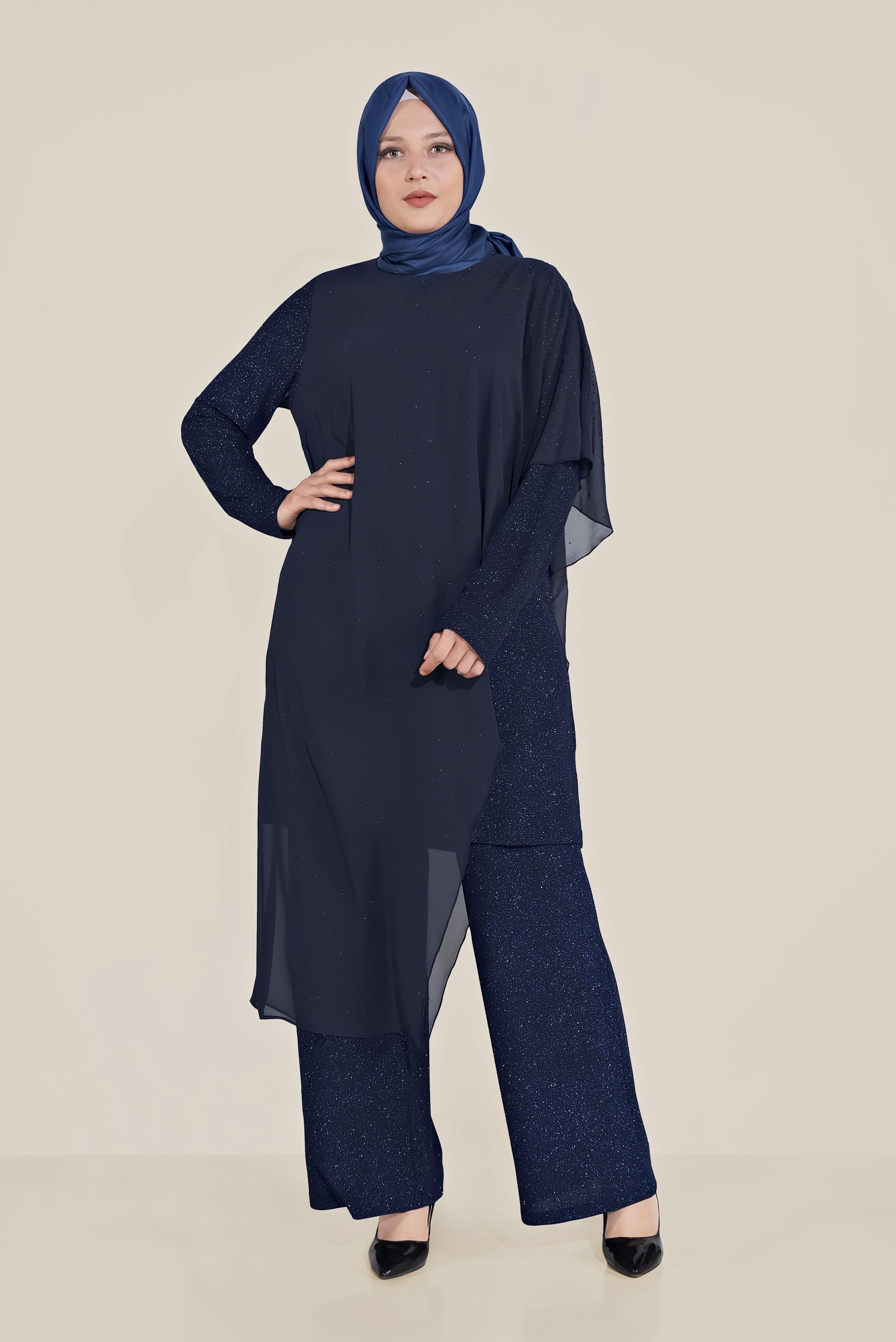 Tesettür giyim LACİVERT SİMLİ KUMAŞ MİX İKİLİ PANTOLONLU TAKIM 50033 