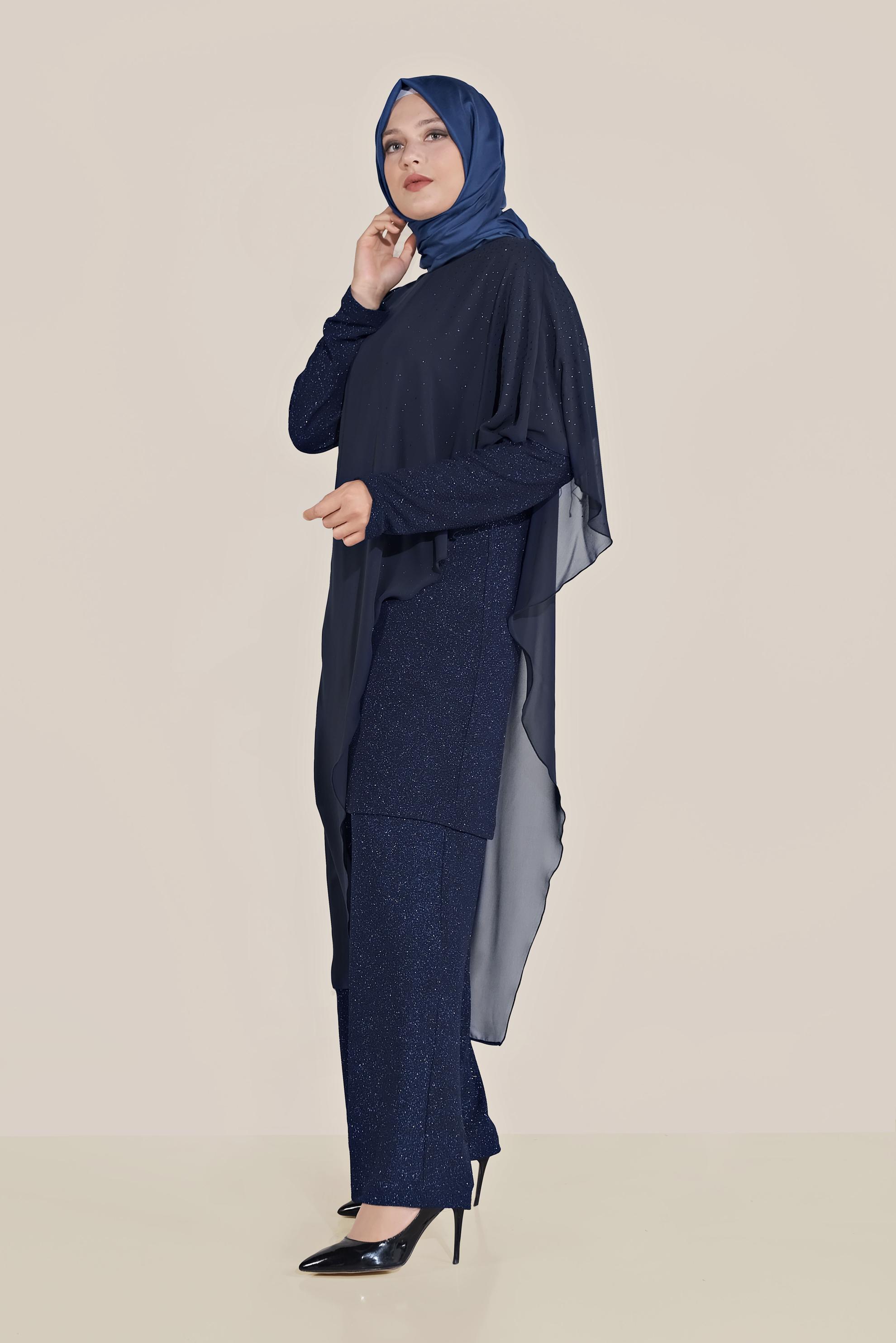Tesettür giyim LACİVERT SİMLİ KUMAŞ MİX İKİLİ PANTOLONLU TAKIM 50033 