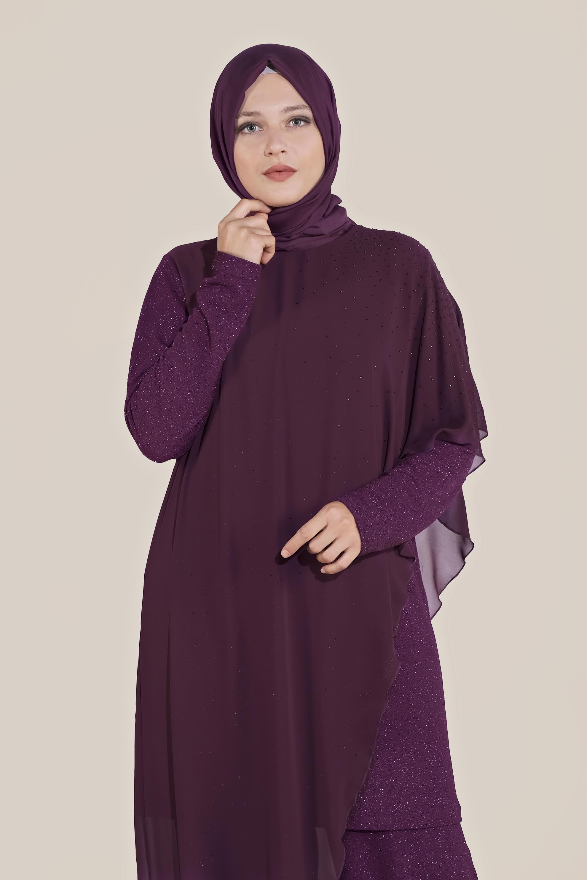 Tesettür giyim MÜRDÜM SİMLİ KUMAŞ MİX İKİLİ PANTOLONLU TAKIM 50033 