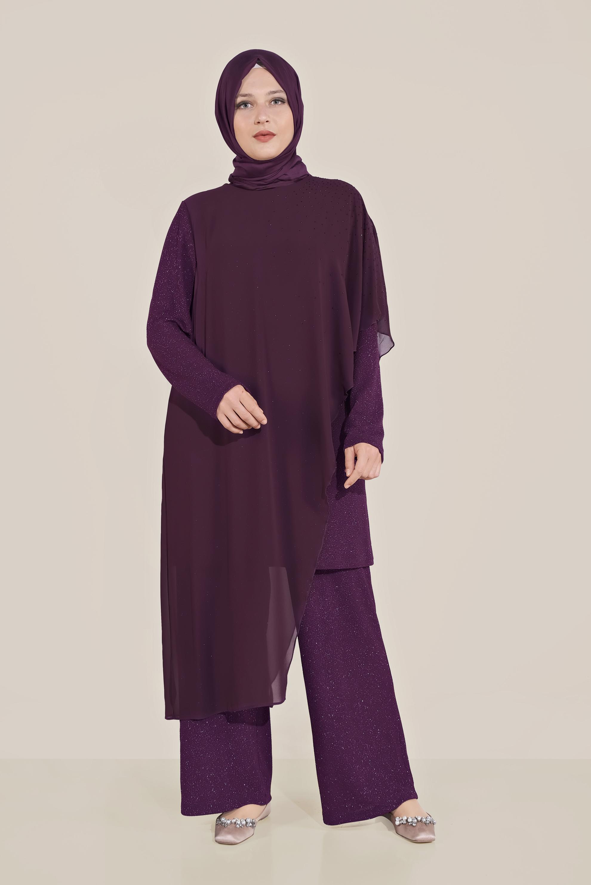 Tesettür giyim MÜRDÜM SİMLİ KUMAŞ MİX İKİLİ PANTOLONLU TAKIM 50033 