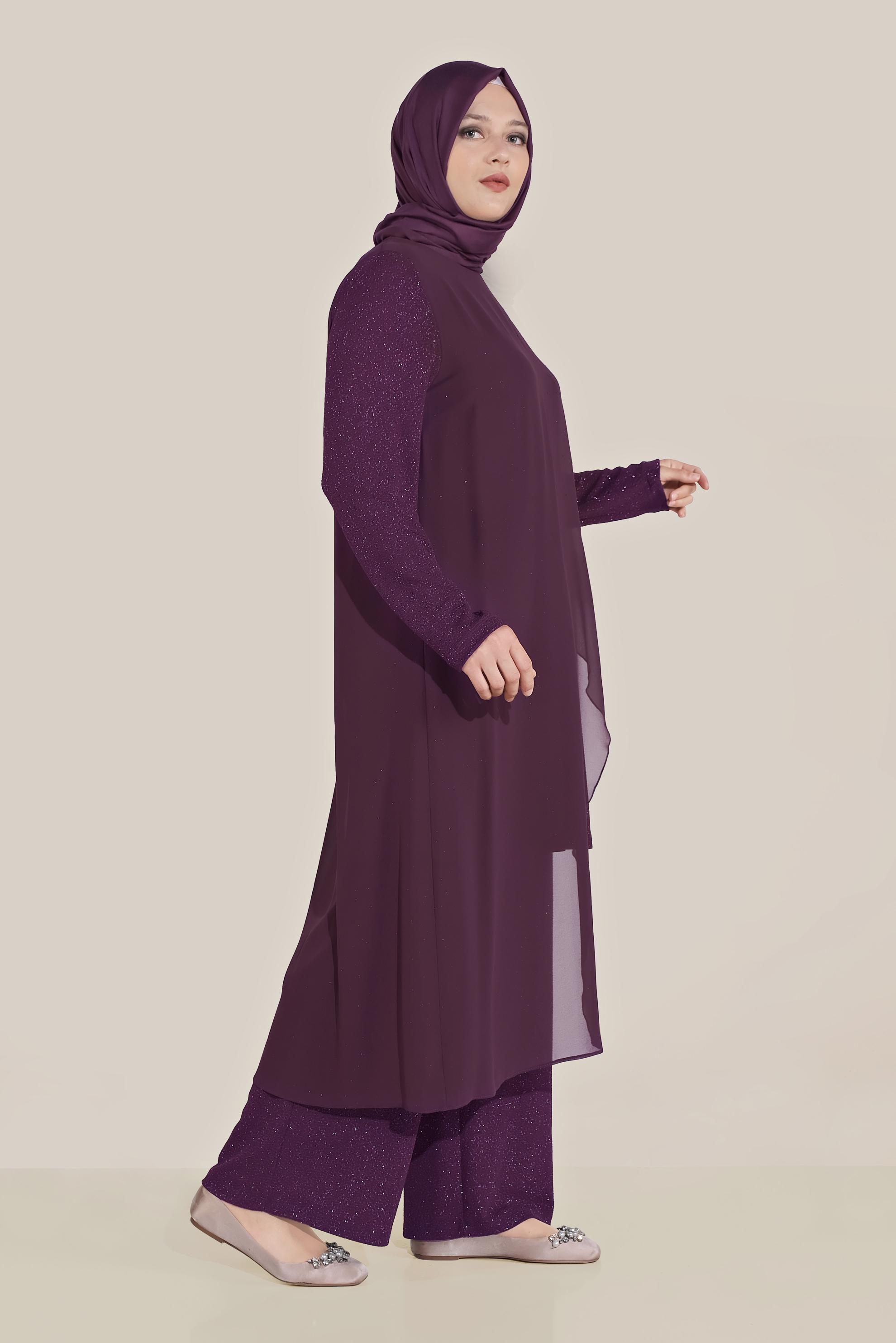 Tesettür giyim MÜRDÜM SİMLİ KUMAŞ MİX İKİLİ PANTOLONLU TAKIM 50033 