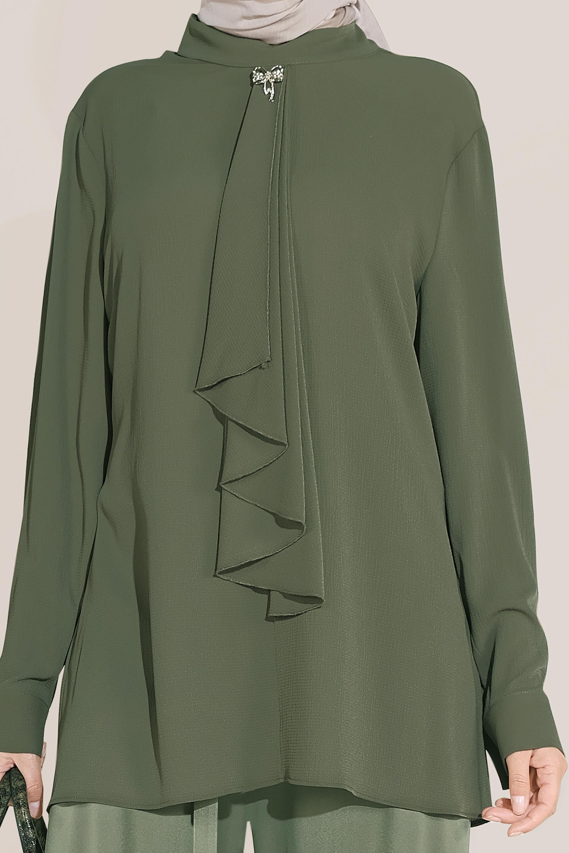Tesettür giyim HAKİ YAKASI BROŞ DETAYLI ŞİFON TUNİK 20036