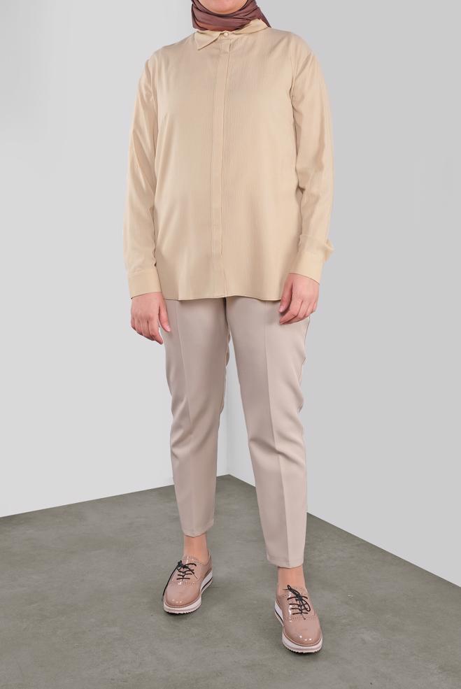 Vêtements hijab BEIGE BLOUSE À BOUTONS DISSIMULÉS 20038 - ALVİNA