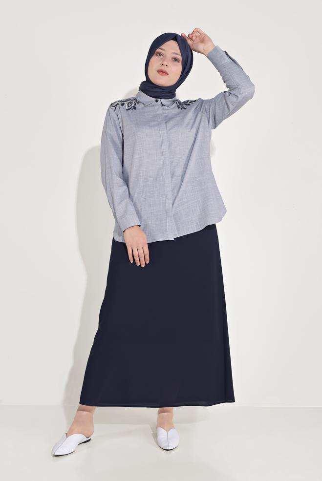 Vêtements hijab BLEU MARINE CHEMISIER EN COTON BRODÉ 20048  - ALVİNA