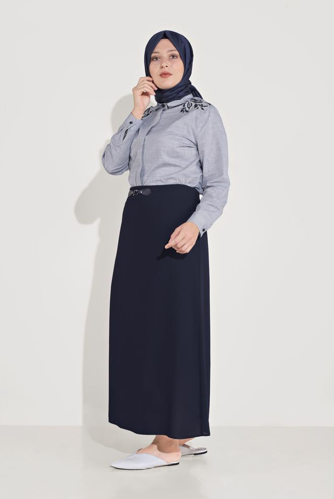 Vêtements hijab BLEU MARINE CHEMISIER EN COTON BRODÉ 20048  - ALVİNA