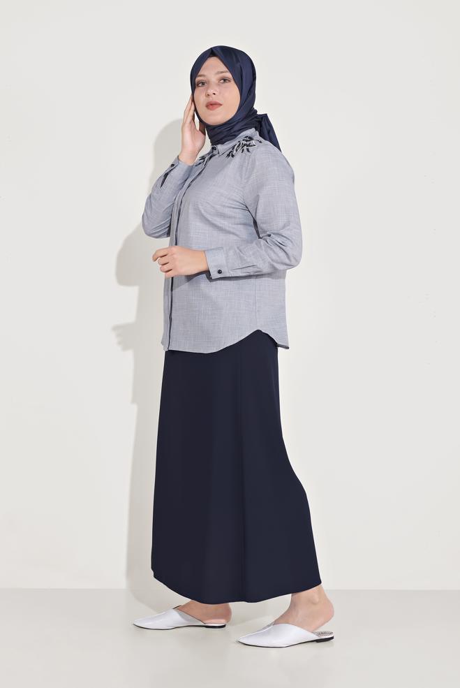 Vêtements hijab BLEU MARINE CHEMISIER EN COTON BRODÉ 20048  - ALVİNA