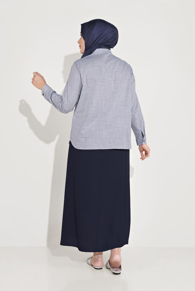 Vêtements hijab BLEU MARINE CHEMISIER EN COTON BRODÉ 20048  - ALVİNA