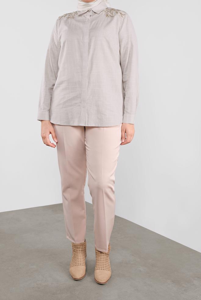 Vêtements hijab BEIGE CHEMISIER EN COTON BRODÉ 20048  - ALVİNA