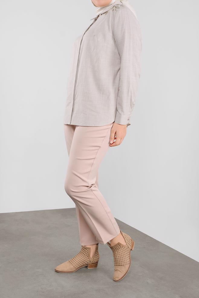 Vêtements hijab BEIGE CHEMISIER EN COTON BRODÉ 20048  - ALVİNA