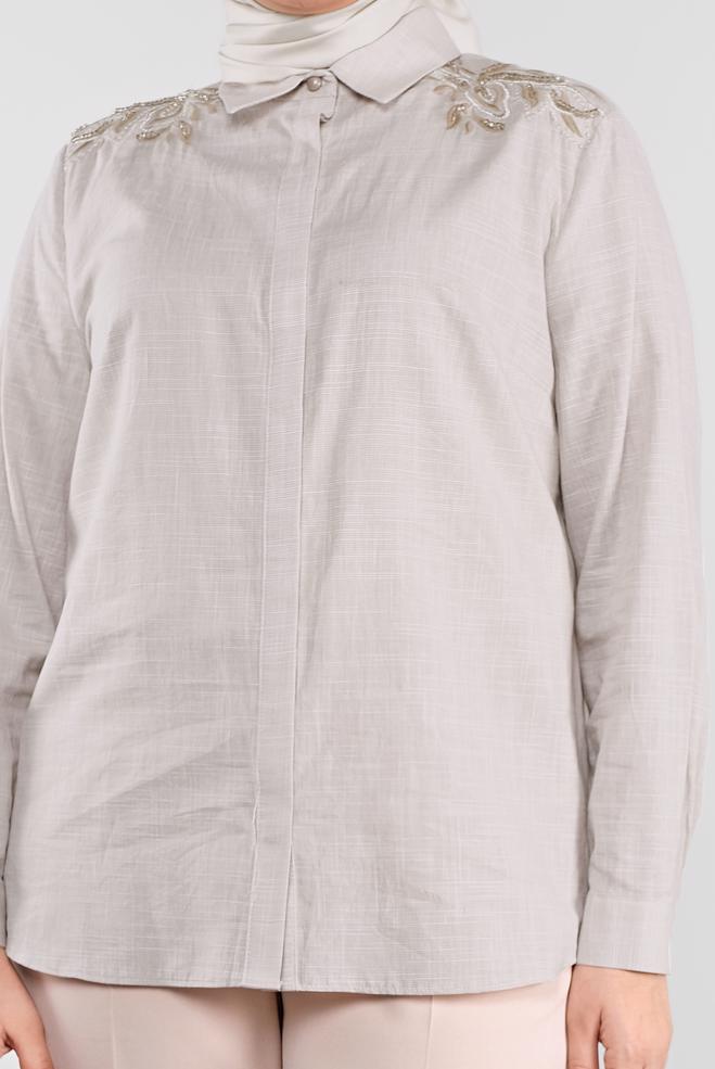 Vêtements hijab BEIGE CHEMISIER EN COTON BRODÉ 20048  - ALVİNA