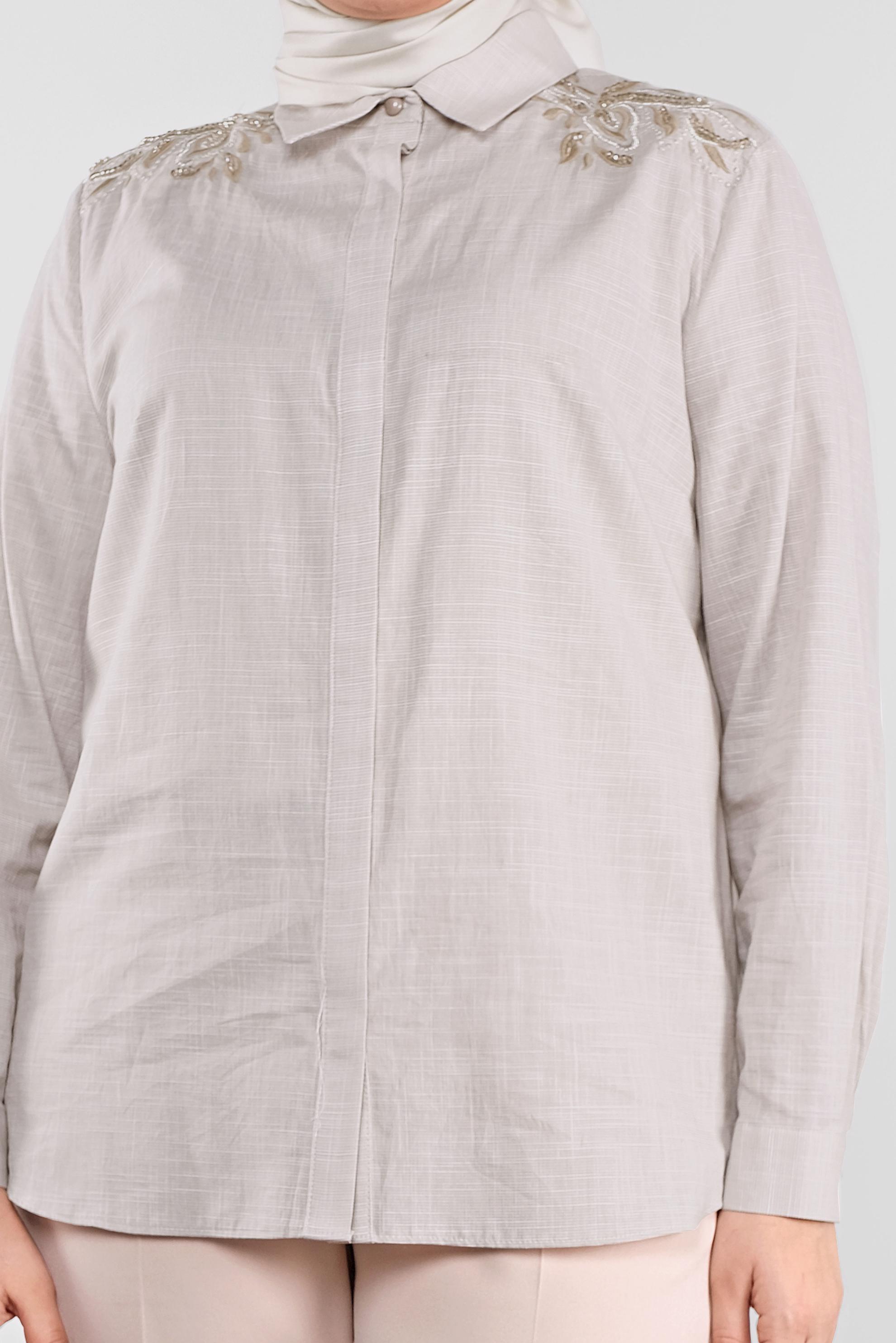 Tesettür giyim BEJ PAMUKLU NAKIŞLI BLUZ 20048 