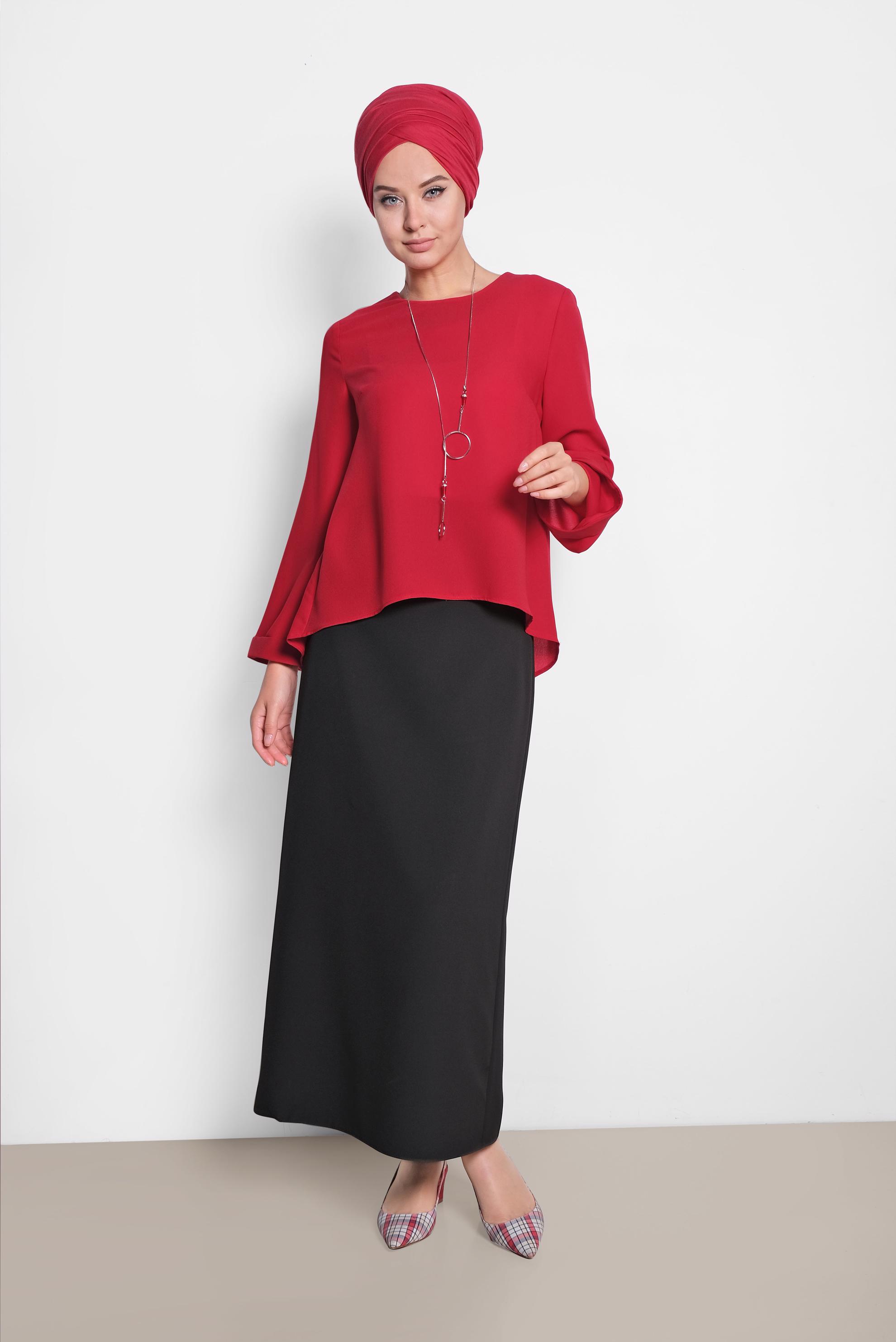 Tesettür giyim KIRMIZI ETEK UCU OVAL KESİM BLUZ 4017