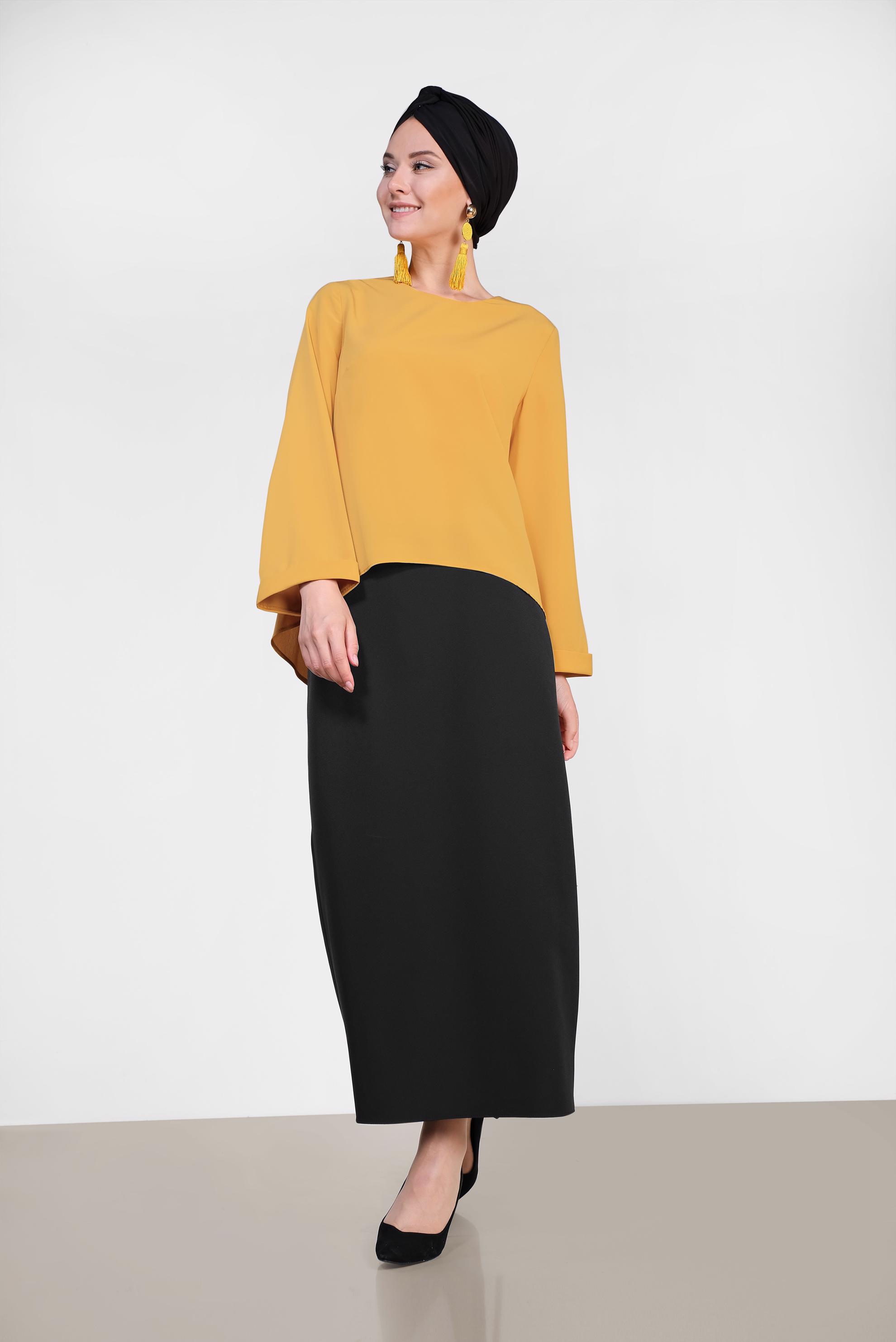 Tesettür giyim SARI ETEK UCU OVAL KESİM BLUZ 4017