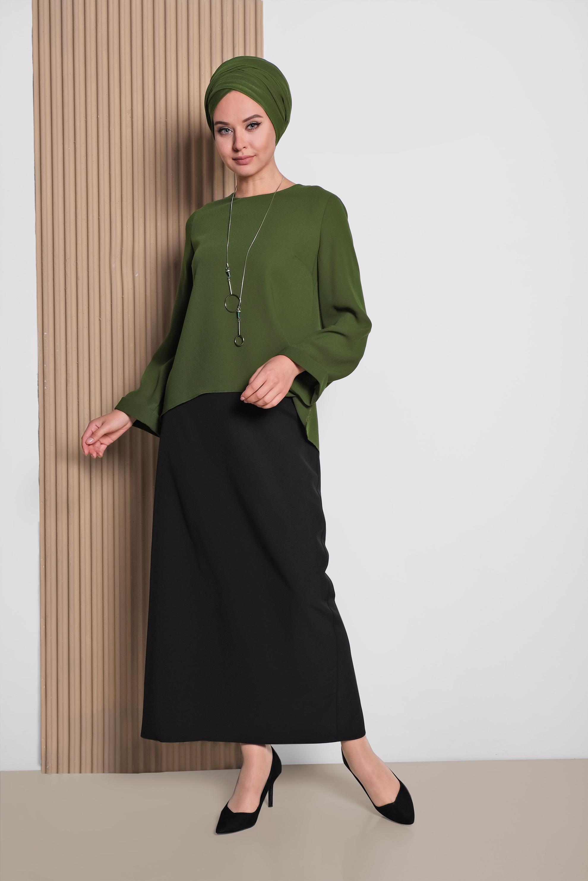 Tesettür giyim HAKİ ETEK UCU OVAL KESİM BLUZ 4017