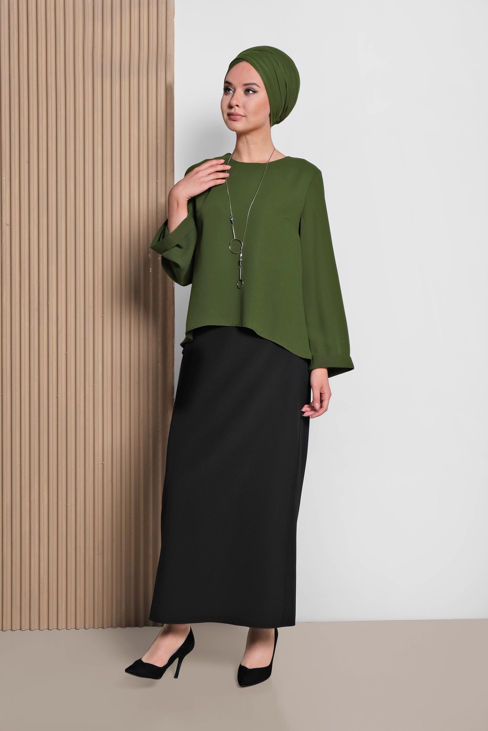 Tesettür giyim HAKİ ETEK UCU OVAL KESİM BLUZ 4017