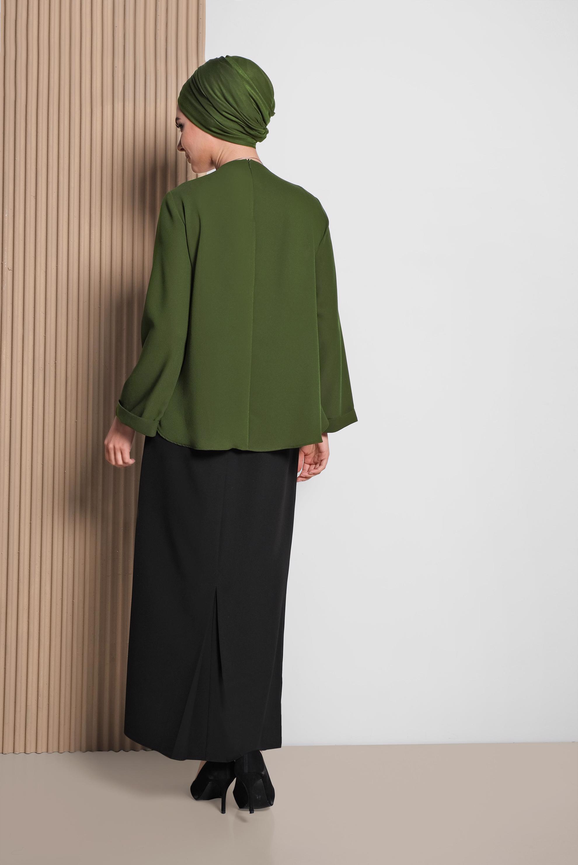 Tesettür giyim HAKİ ETEK UCU OVAL KESİM BLUZ 4017