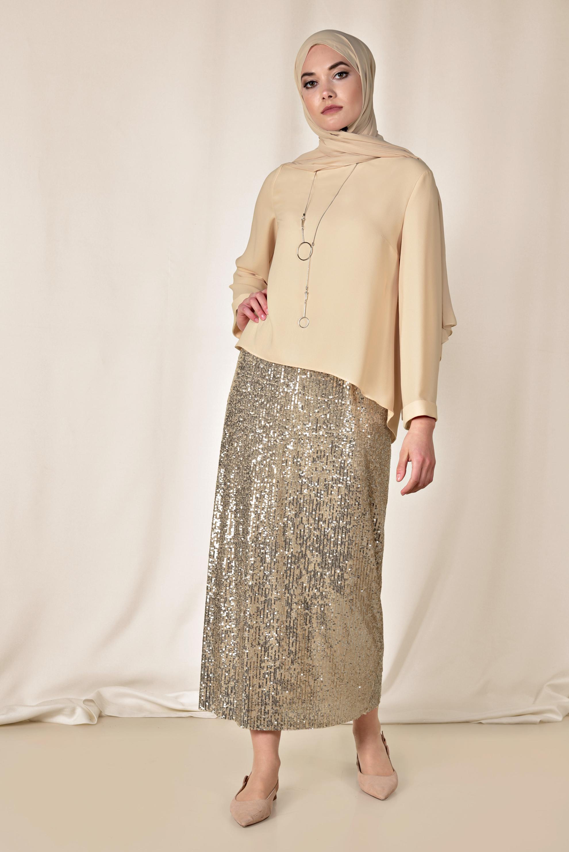 Tesettür giyim PUDRA ETEK UCU OVAL KESİM BLUZ 4017