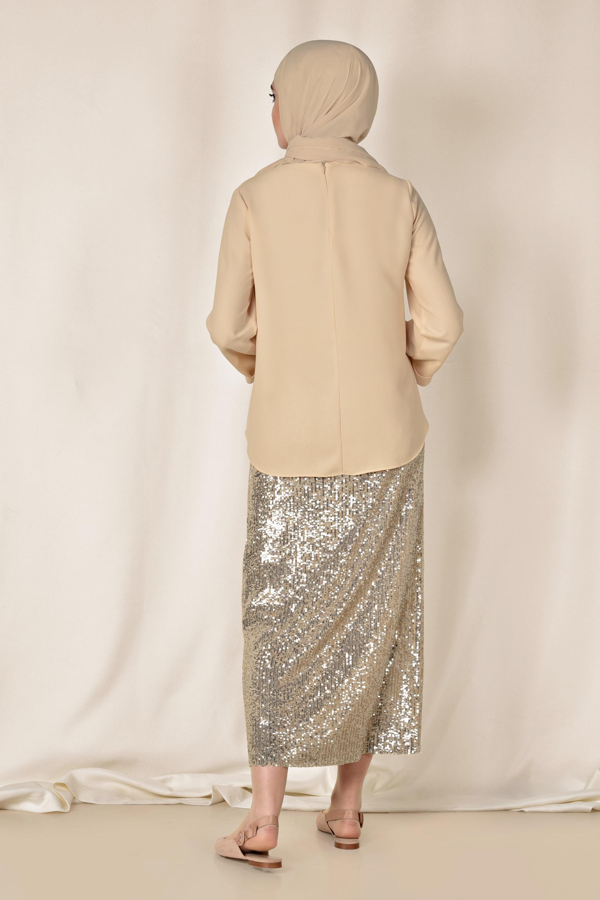 Tesettür giyim PUDRA ETEK UCU OVAL KESİM BLUZ 4017