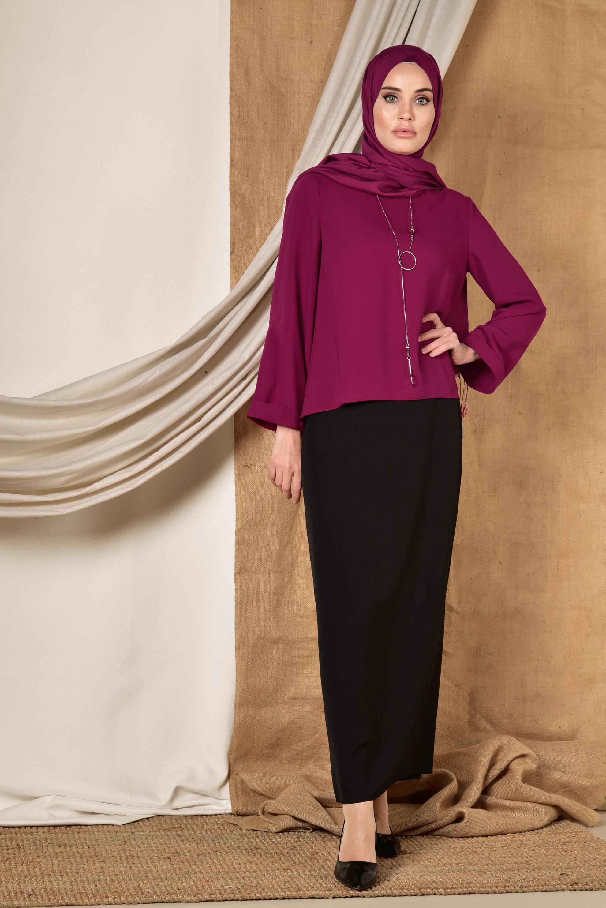 Tesettür giyim MOR ETEK UCU OVAL KESİM BLUZ 4017