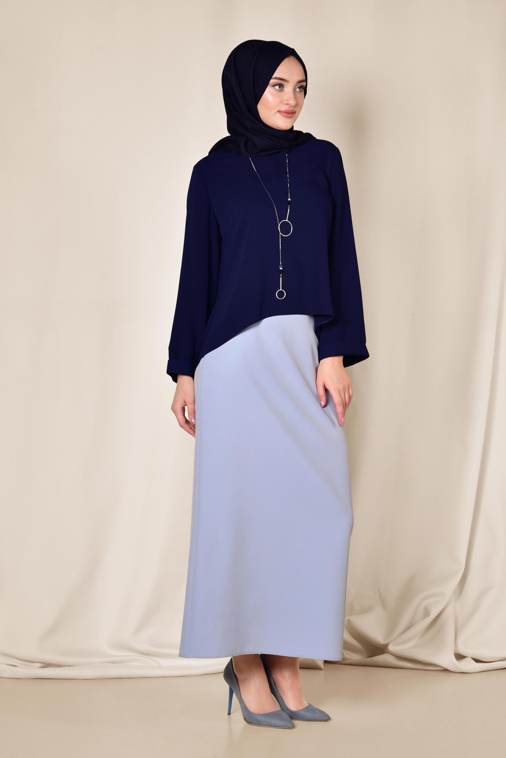 Tesettür giyim LACİVERT ETEK UCU OVAL KESİM BLUZ 4017