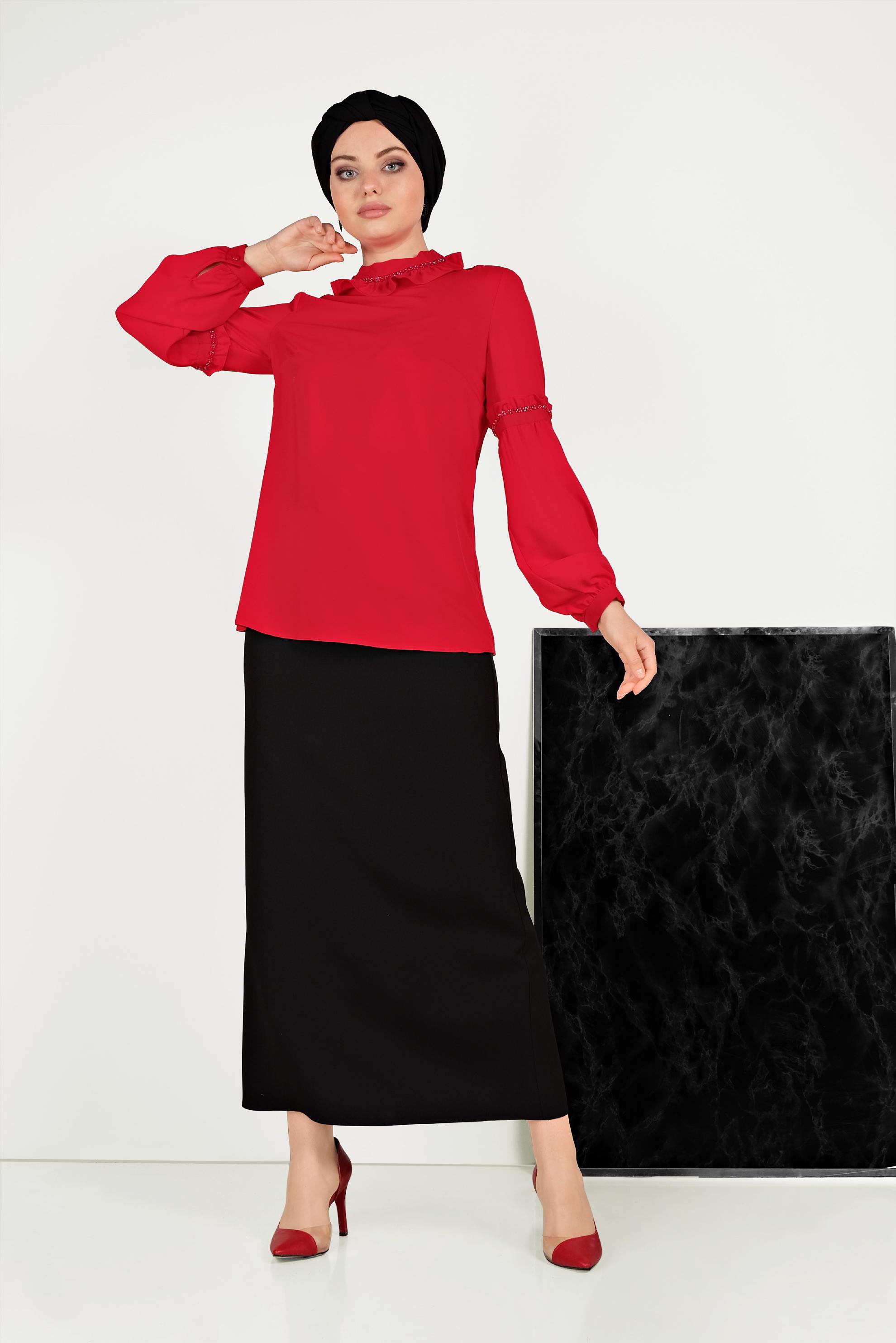 Hijab clothing RED RUFFLE DETAIL BLOUSE 40476 