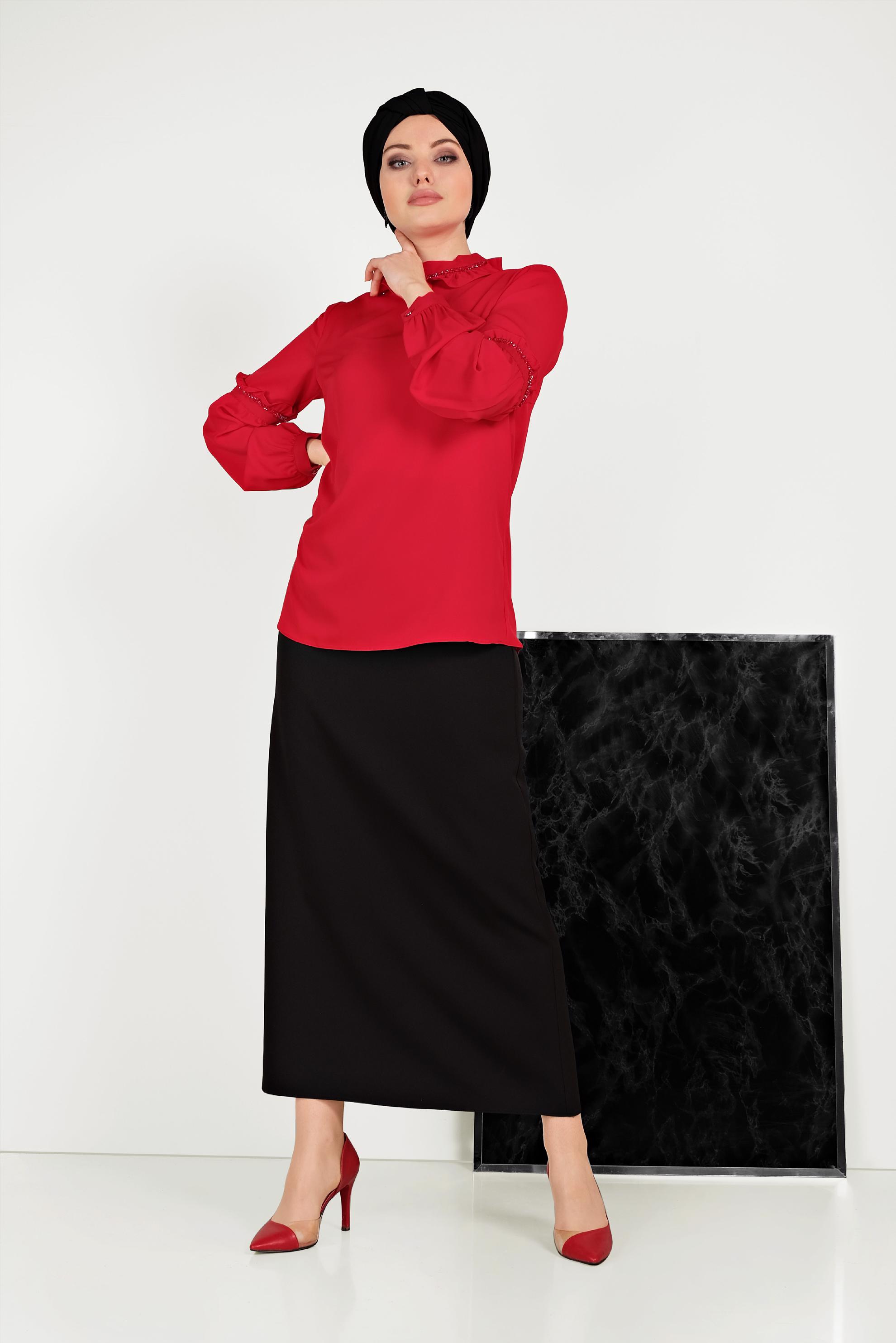 Hijab clothing RED RUFFLE DETAIL BLOUSE 40476 