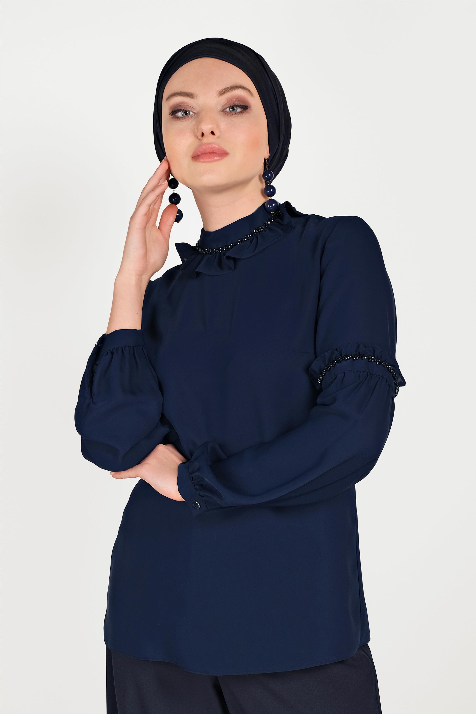 Tesettür giyim LACİVERT FIRFIR DETAYLI BLUZ 40476