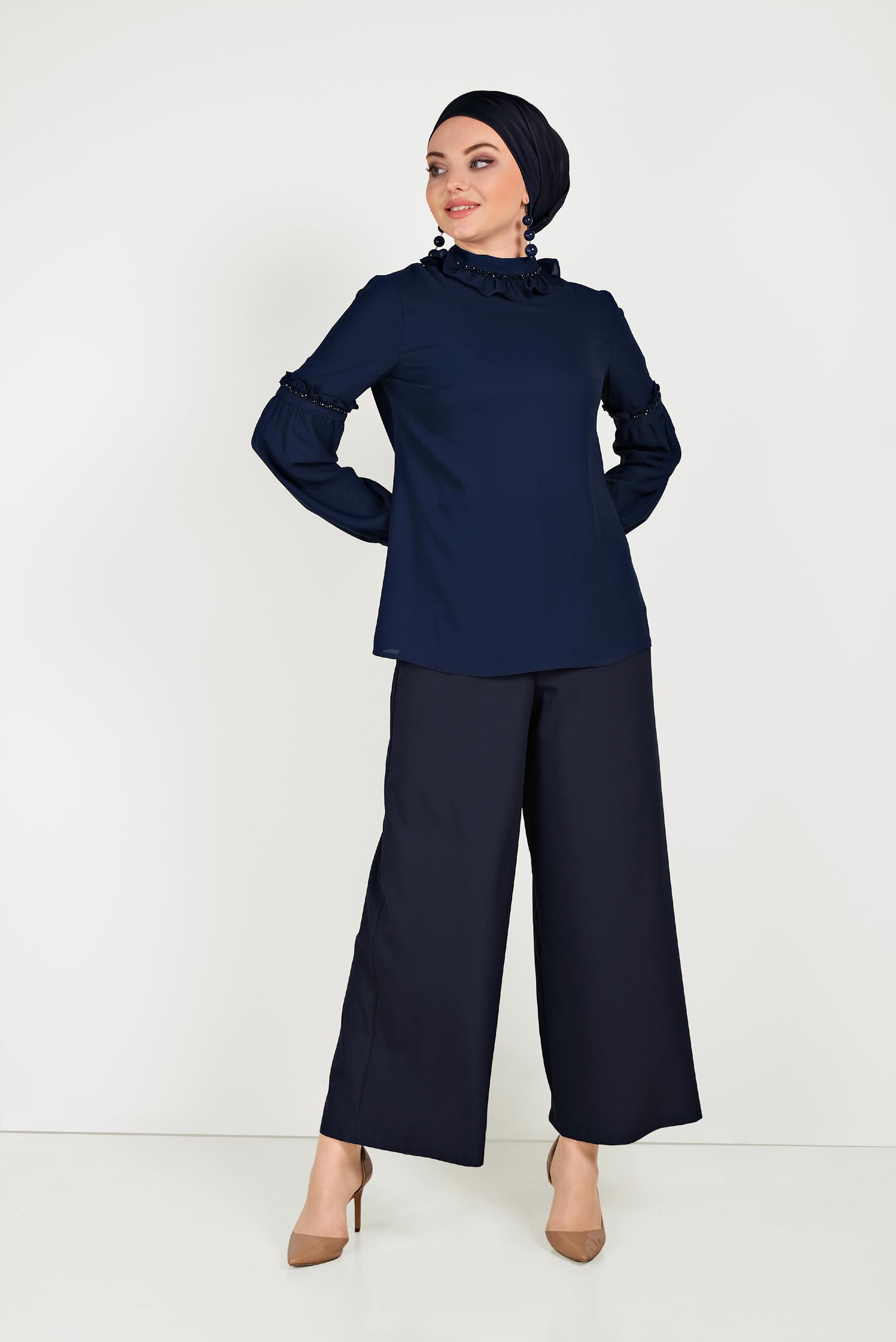 Tesettür giyim LACİVERT FIRFIR DETAYLI BLUZ 40476