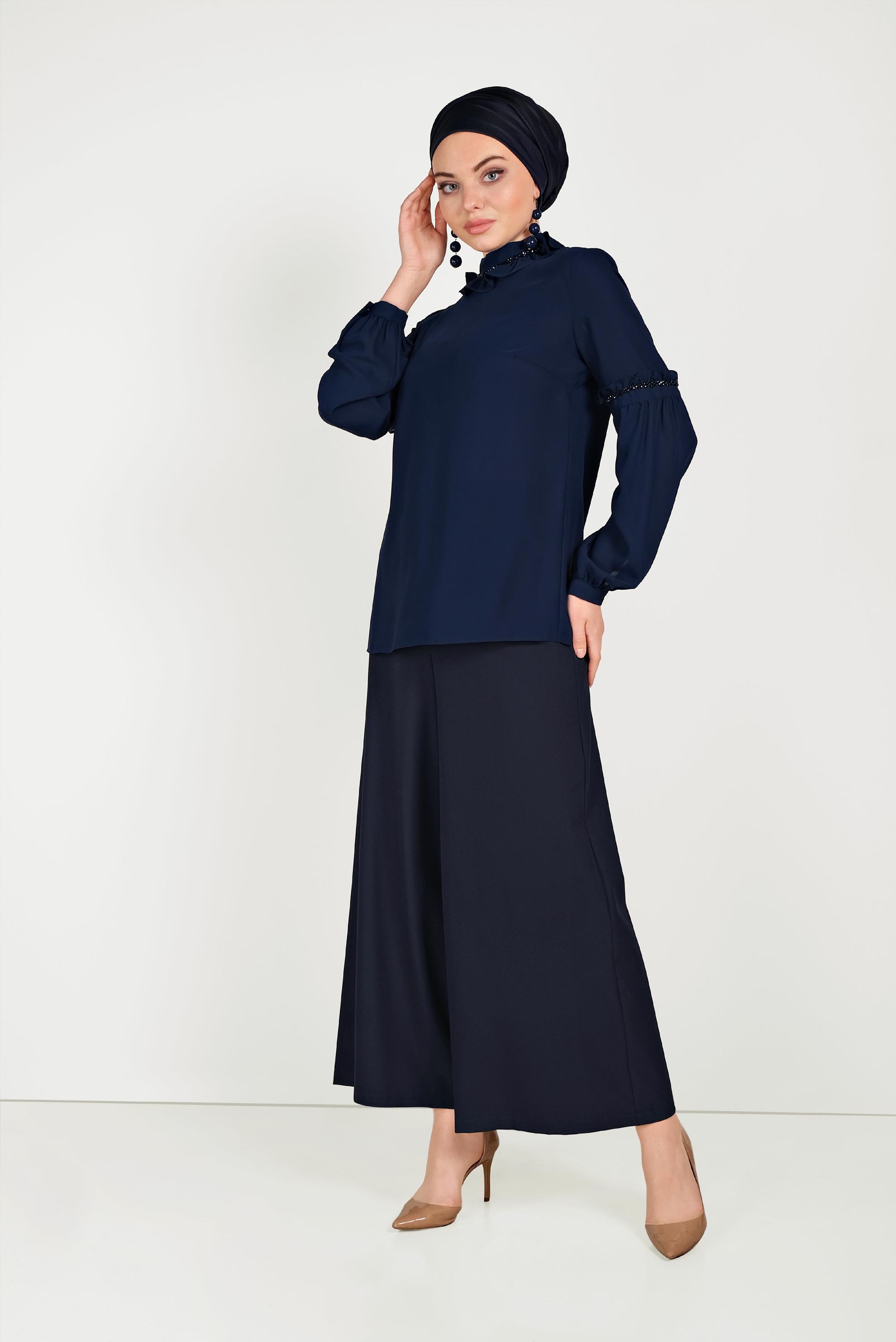 Tesettür giyim LACİVERT FIRFIR DETAYLI BLUZ 40476