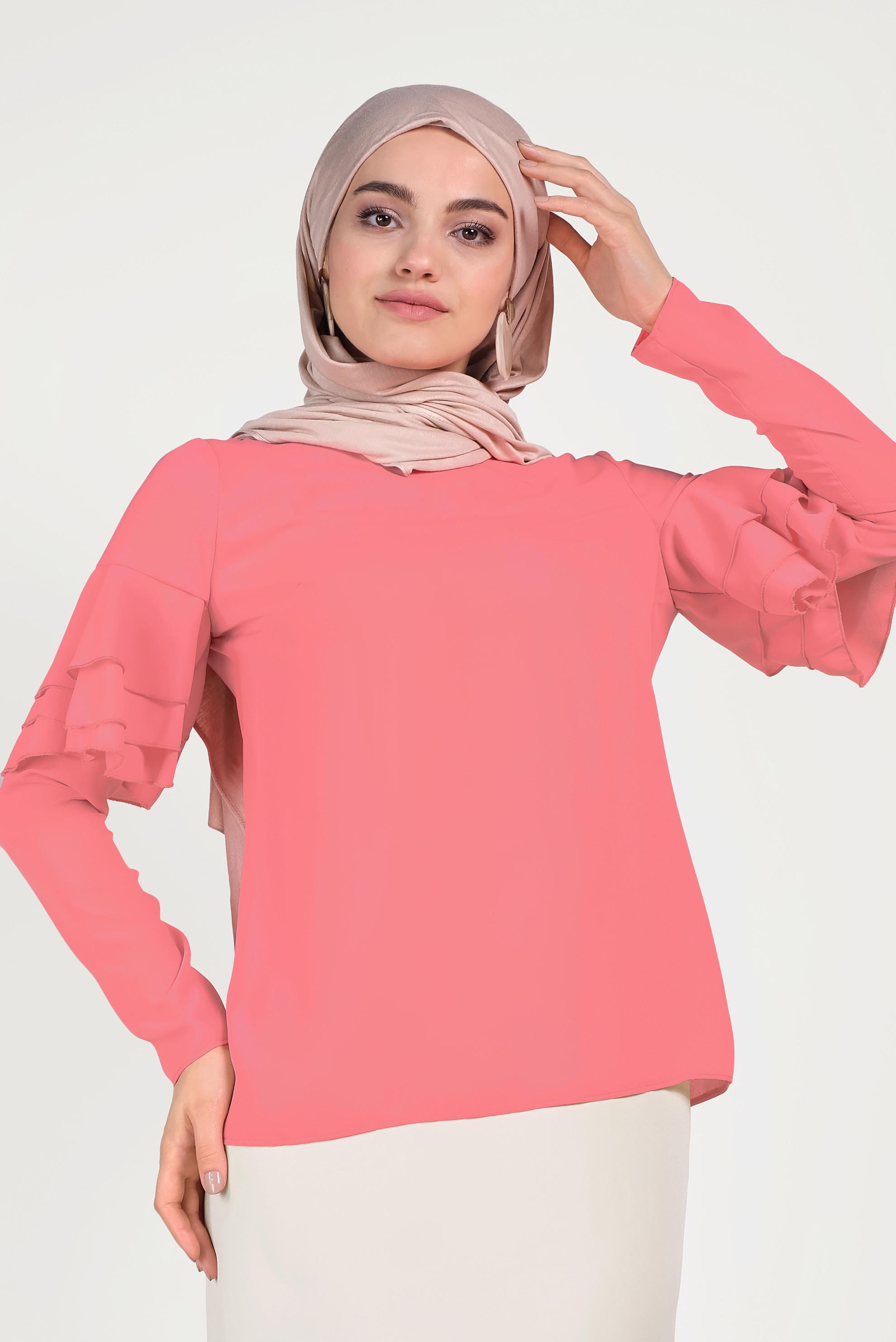 Tesettür giyim PEMBE KOLLARI VOLANLI BLUZ 40477