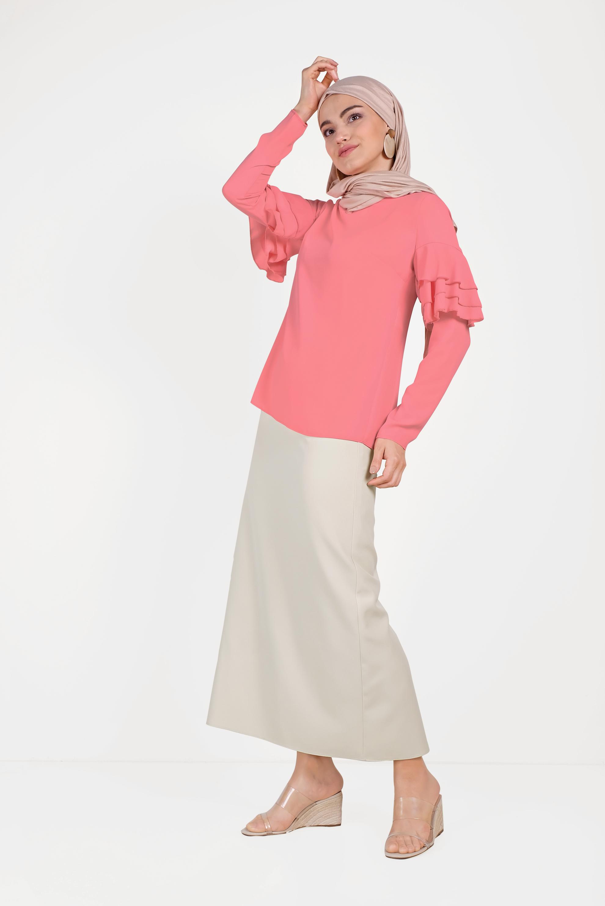 Tesettür giyim PEMBE KOLLARI VOLANLI BLUZ 40477