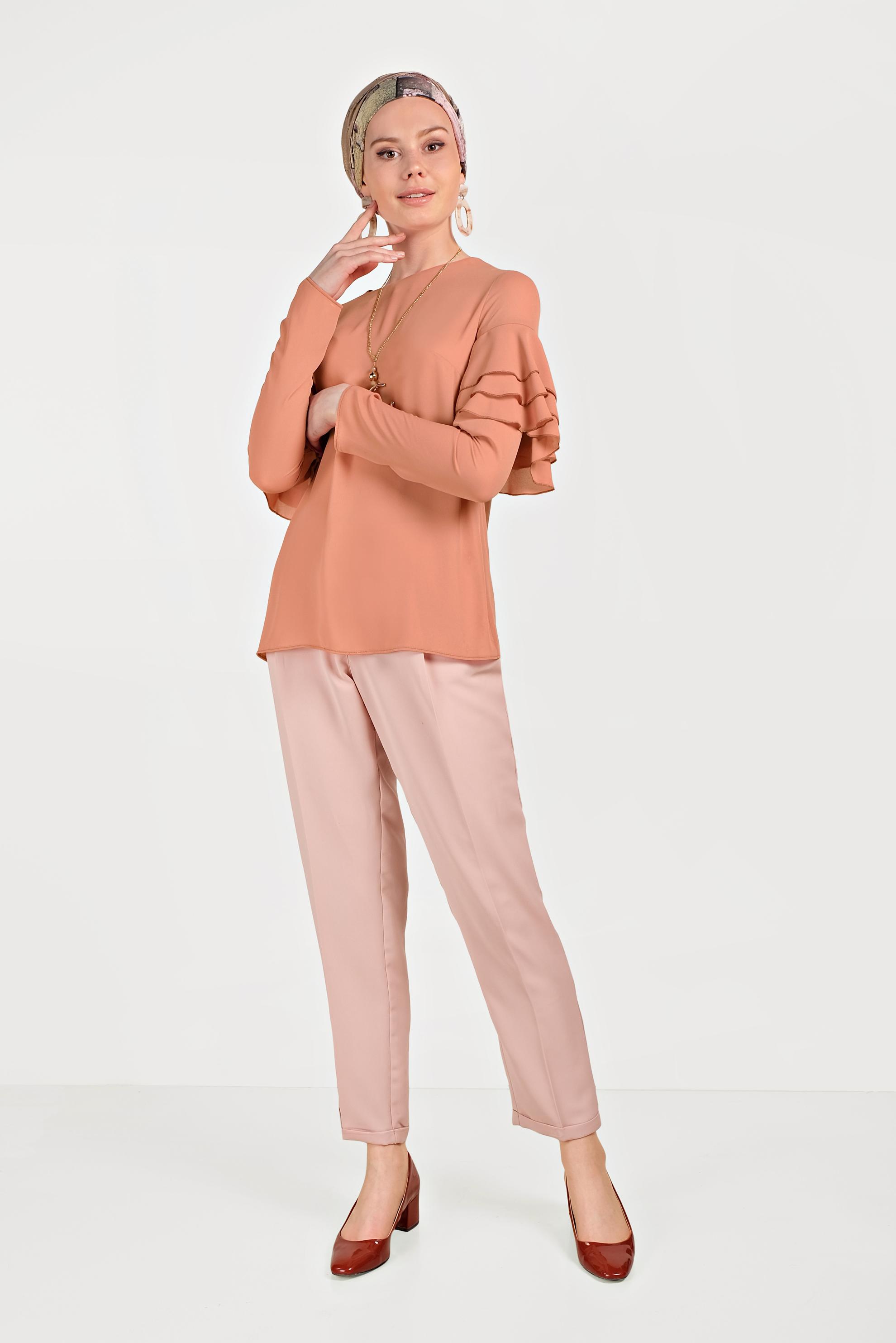 Tesettür giyim KAHVE KOLLARI VOLANLI BLUZ 40477