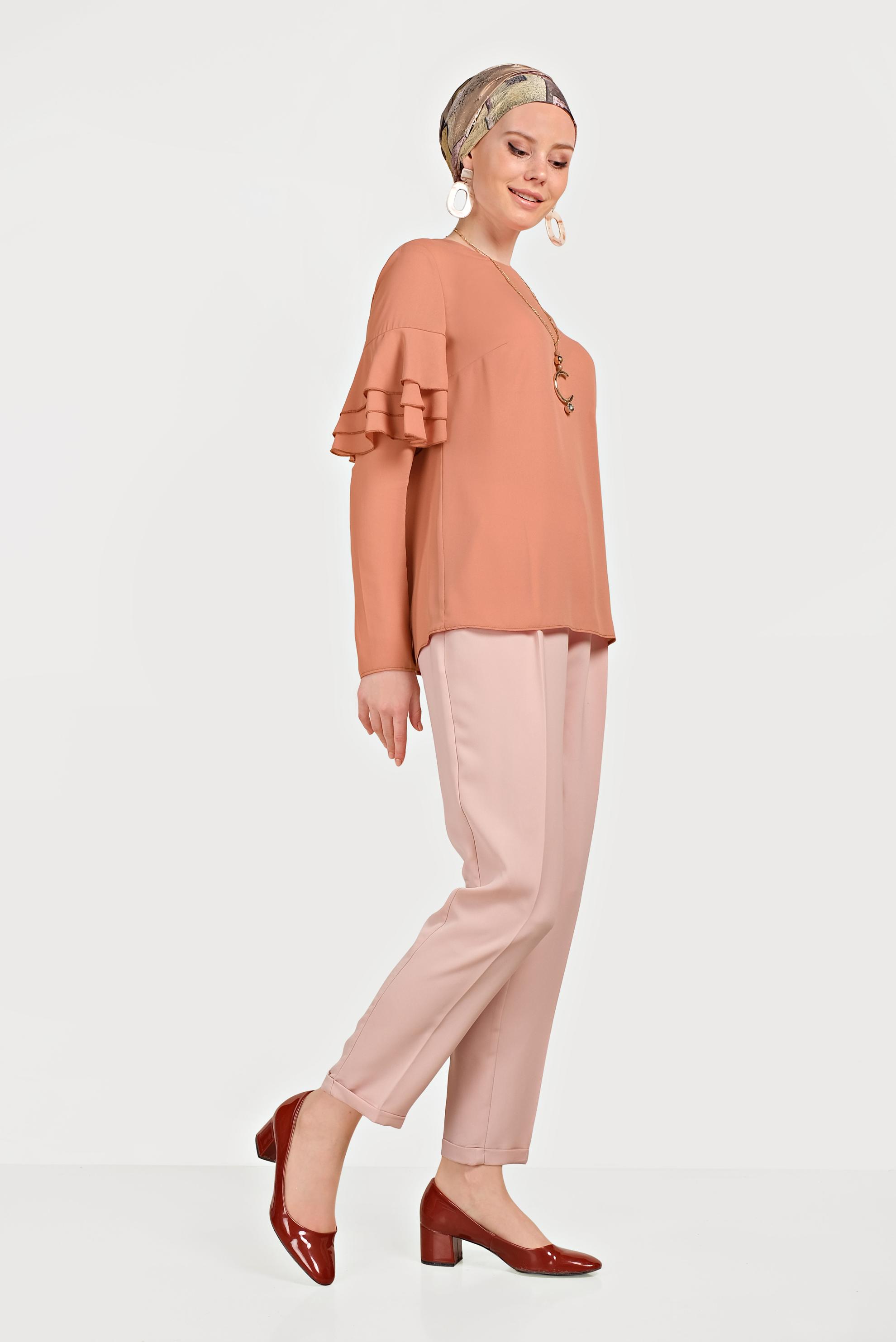 Tesettür giyim KAHVE KOLLARI VOLANLI BLUZ 40477