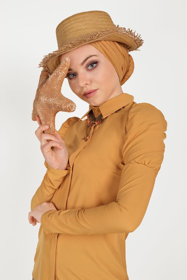 Tesettür giyim SARI OMUZLARI BÜZGÜLÜ BLUZ 40497 - ALVİNA