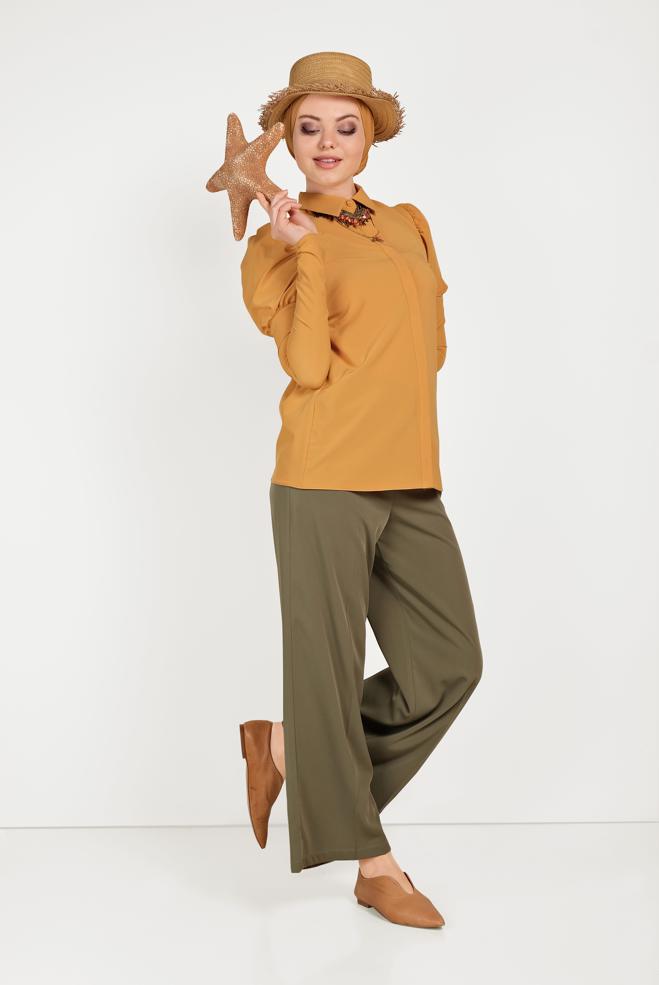 Tesettür giyim SARI OMUZLARI BÜZGÜLÜ BLUZ 40497 - ALVİNA