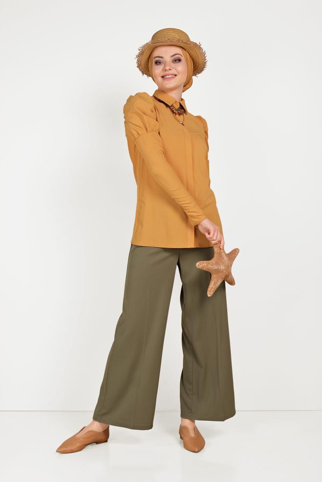 Tesettür giyim SARI OMUZLARI BÜZGÜLÜ BLUZ 40497 - ALVİNA