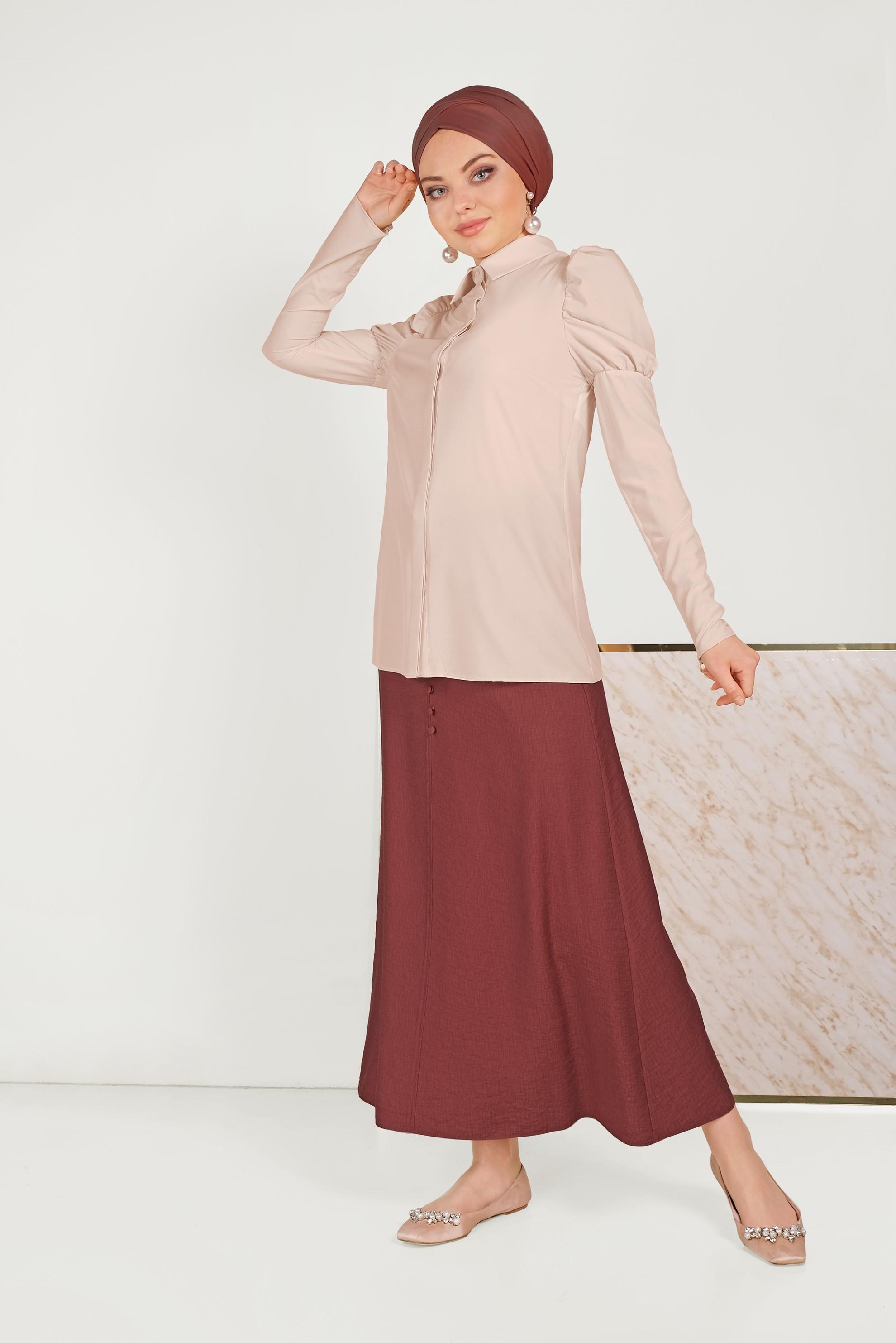 Tesettür giyim BEJ OMUZLARI BÜZGÜLÜ BLUZ 40497