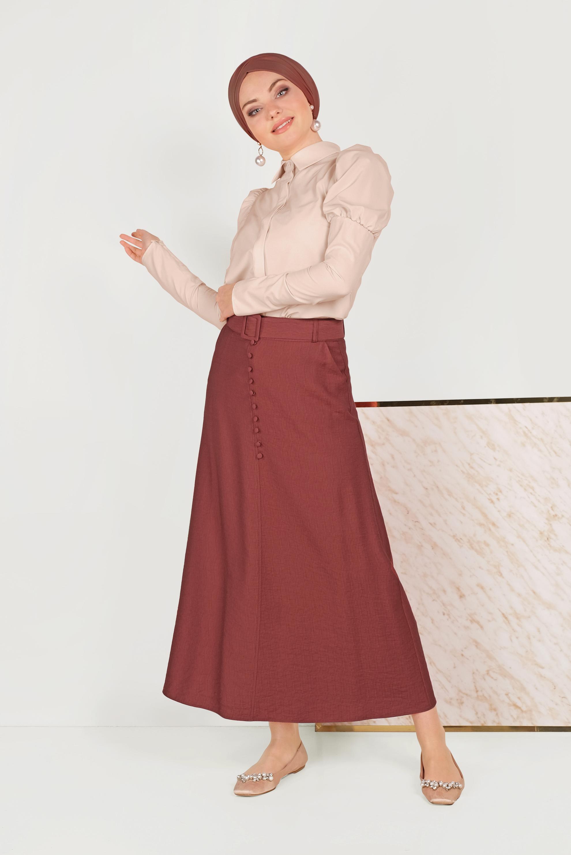 Tesettür giyim BEJ OMUZLARI BÜZGÜLÜ BLUZ 40497