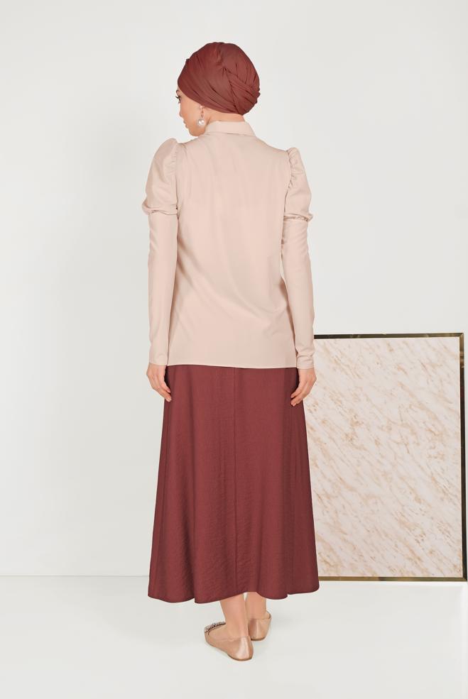 Tesettür giyim BEJ OMUZLARI BÜZGÜLÜ BLUZ 40497 - ALVİNA