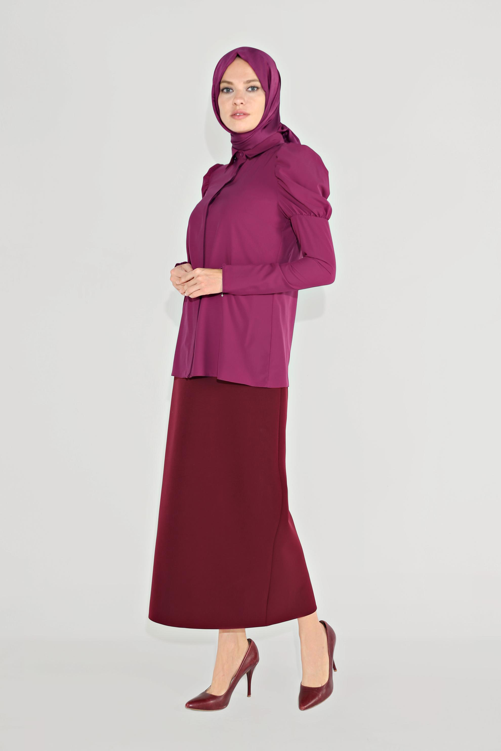 Tesettür giyim MOR OMUZLARI BÜZGÜLÜ BLUZ 40497