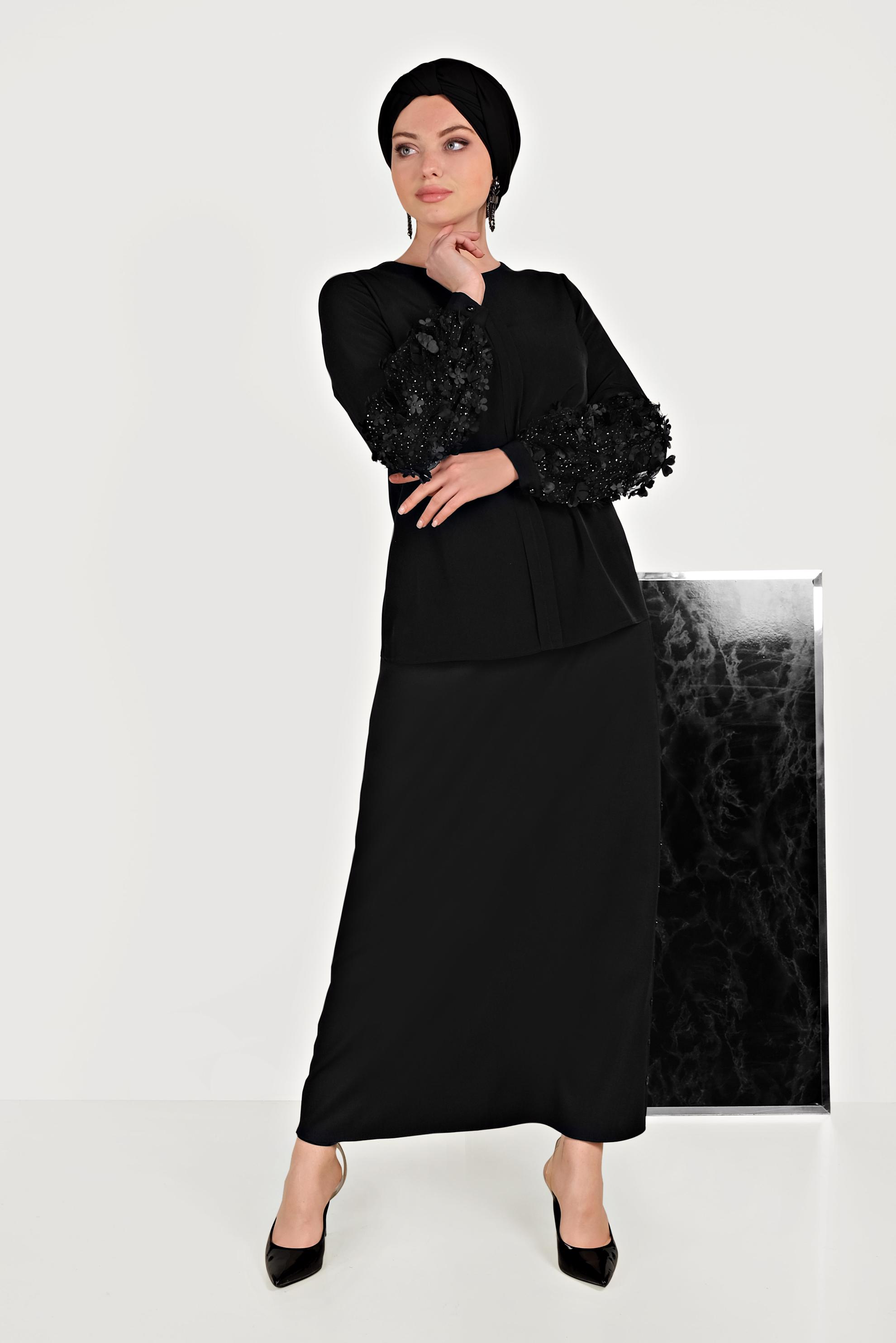 Hijab clothing BLACK FLOWER DETAIL BLOUSE 40532 