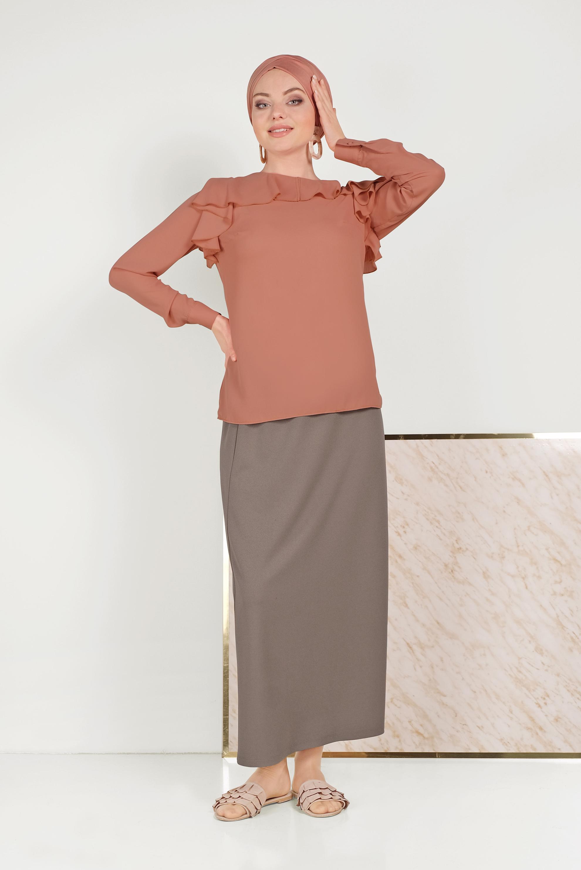 Hijab clothing BROWN RUFFLED CHIFFON BLOUSE 40539